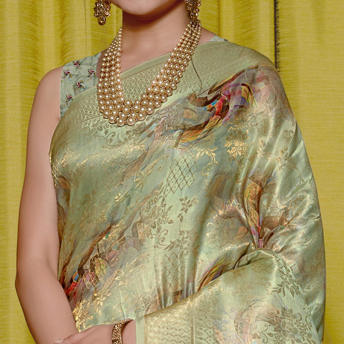 Green Digital Printed With Woven Art Silk Saree With Tassels - Peachmode