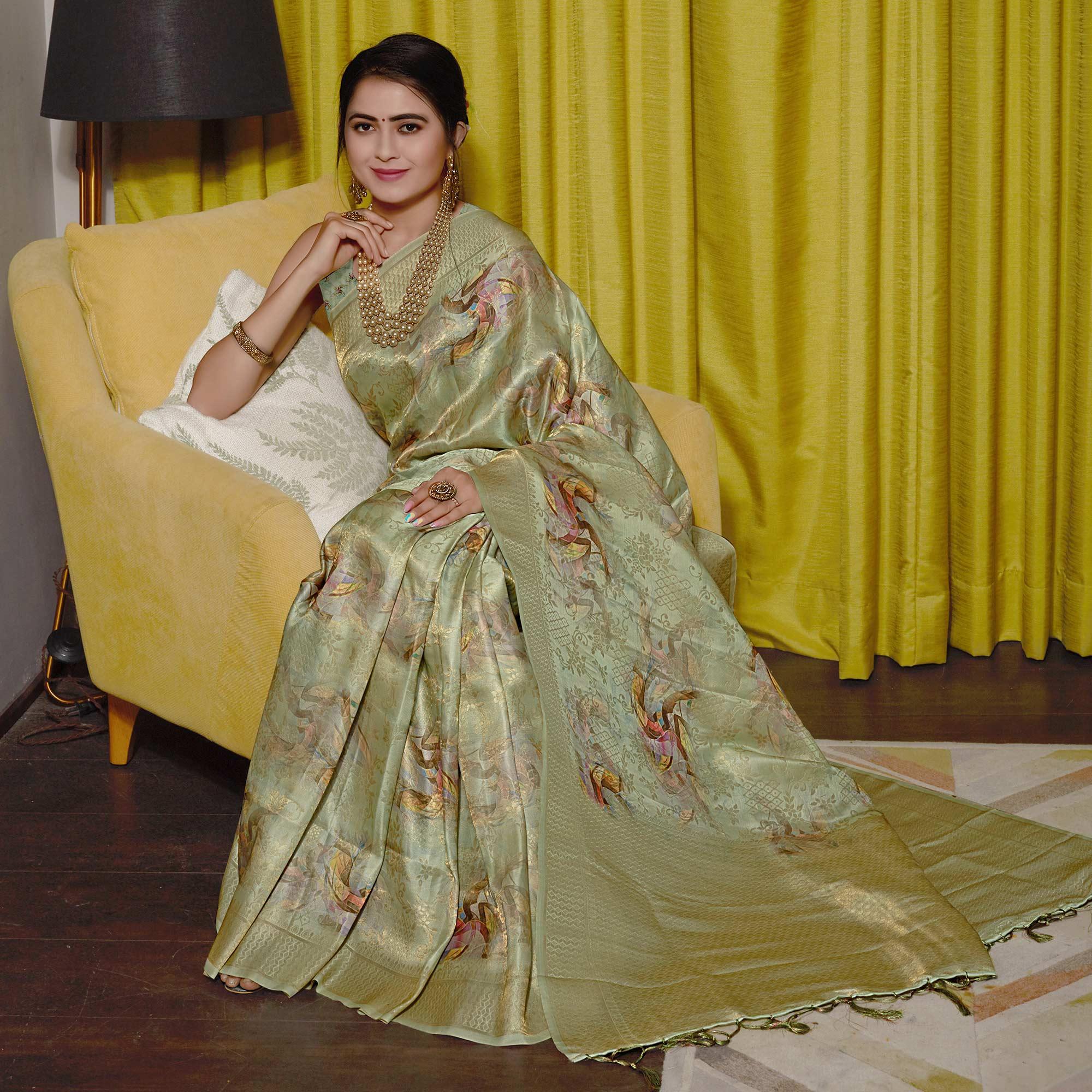 Green Digital Printed With Woven Art Silk Saree With Tassels - Peachmode