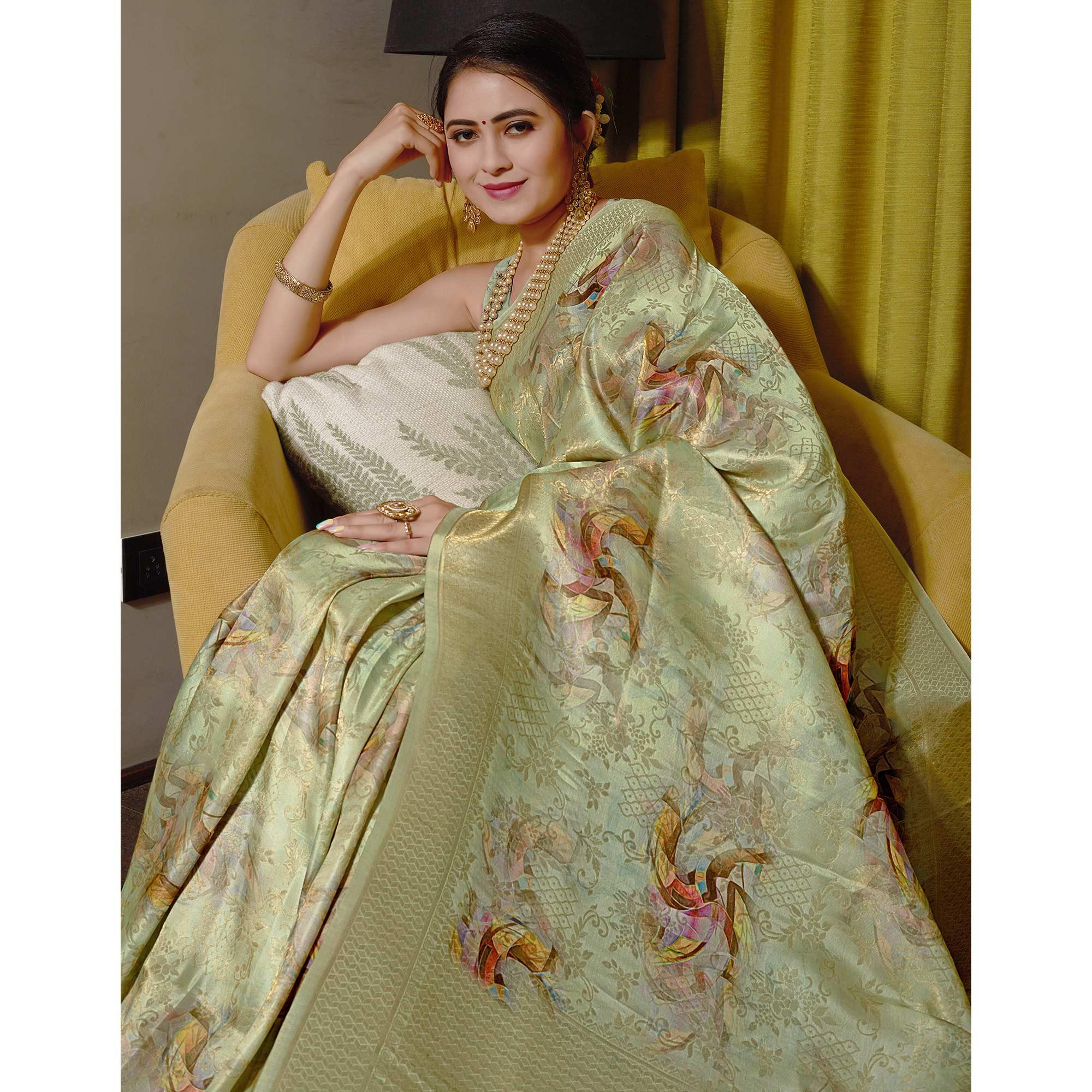 Green Digital Printed With Woven Art Silk Saree With Tassels - Peachmode