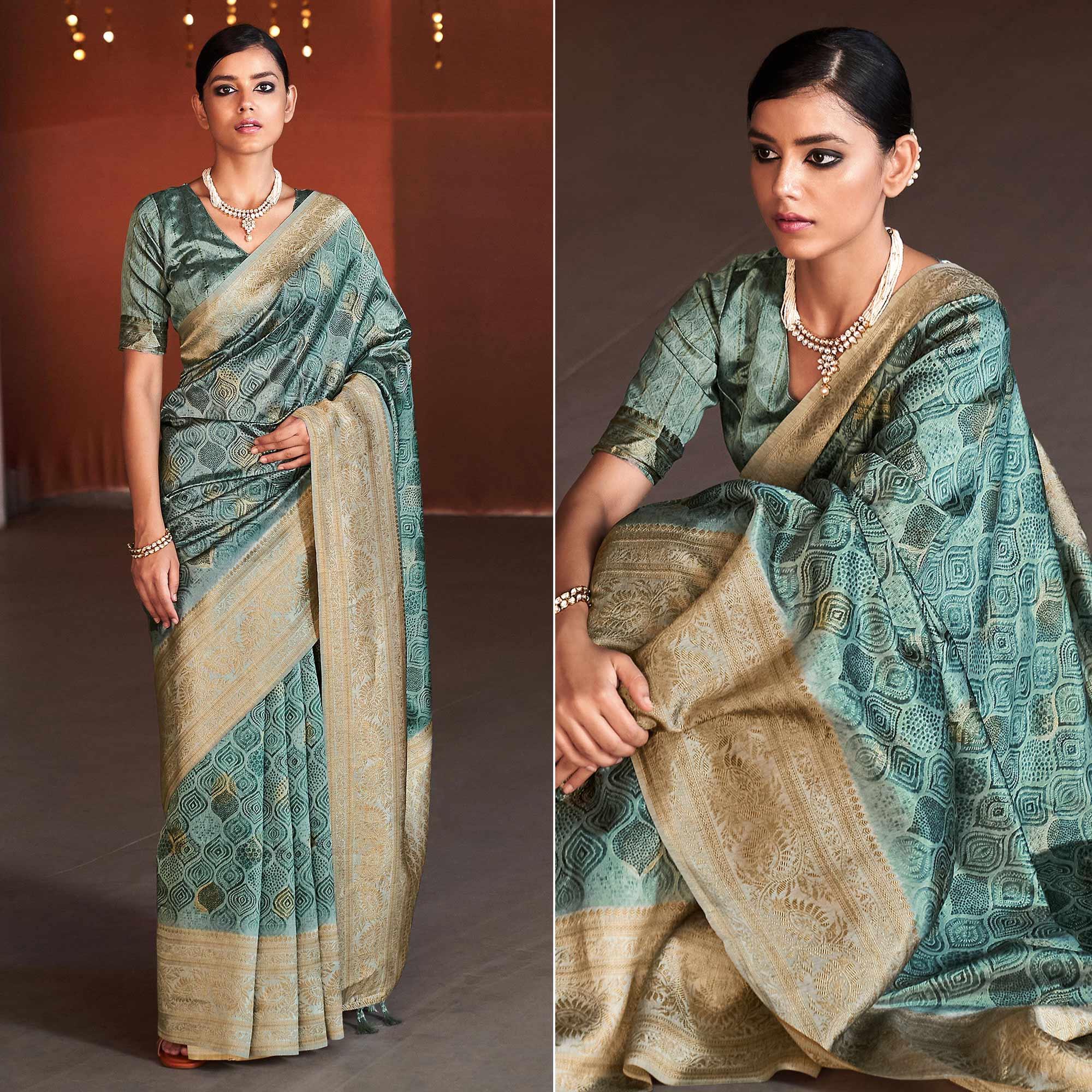 Green Digital Printed With Woven Border Art Silk Saree - Peachmode