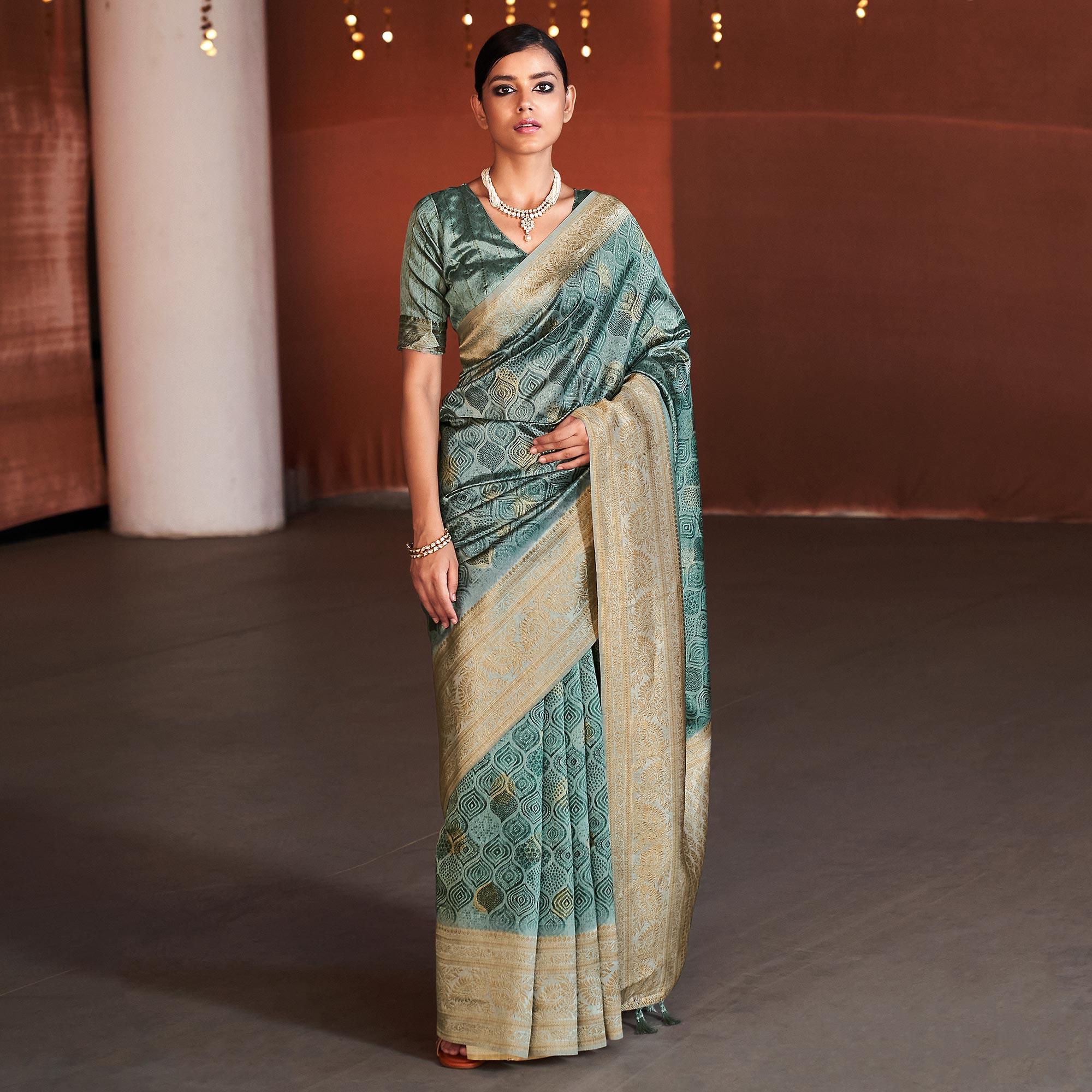 Green Digital Printed With Woven Border Art Silk Saree - Peachmode