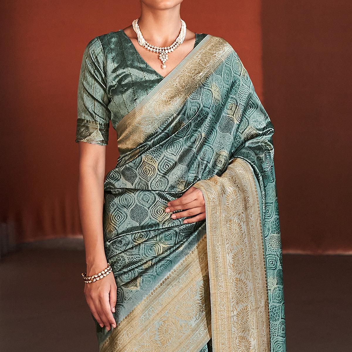 Green Digital Printed With Woven Border Art Silk Saree - Peachmode