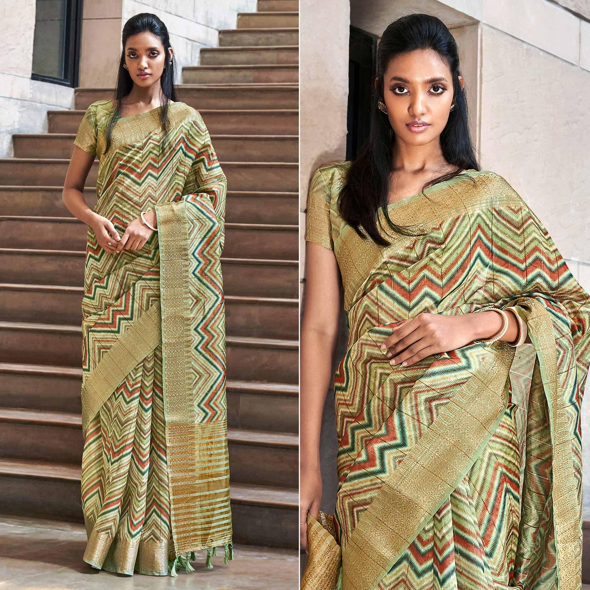Green Digital Printed-Woven Art Silk Saree With Tassels - Peachmode