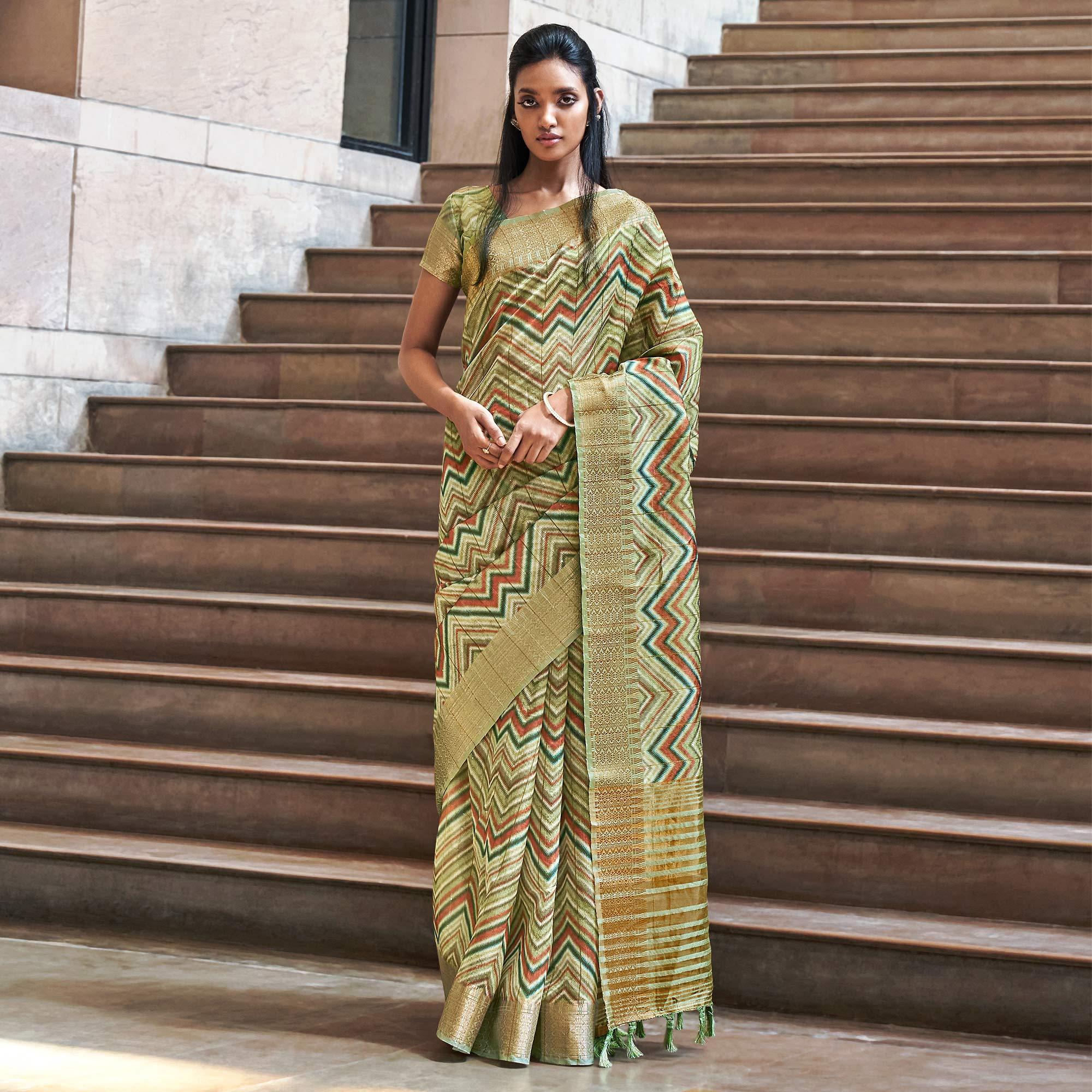Green Digital Printed-Woven Art Silk Saree With Tassels - Peachmode