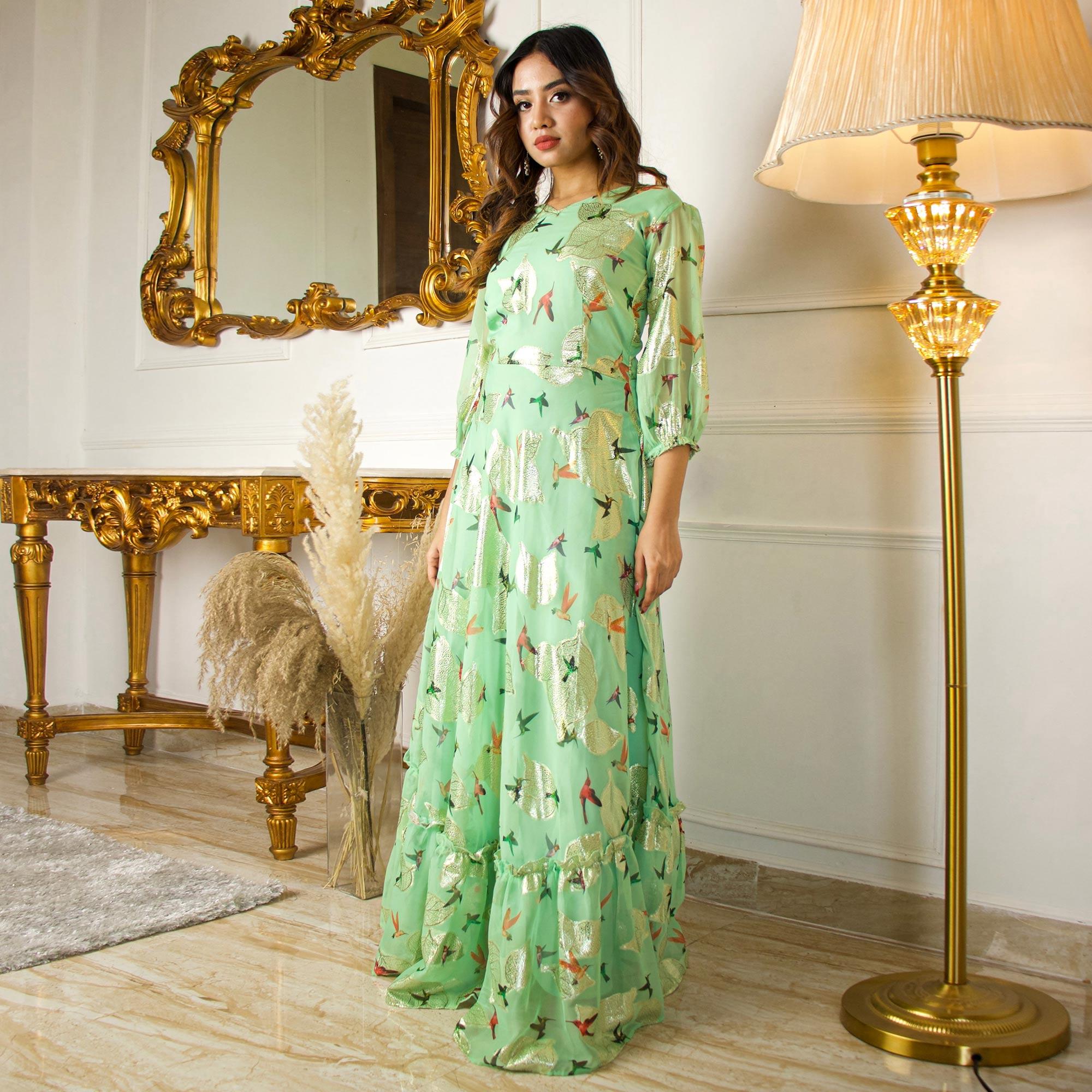 Green Digital Sparrow Printed Jacquard-Georgette Partywear Gown - Peachmode
