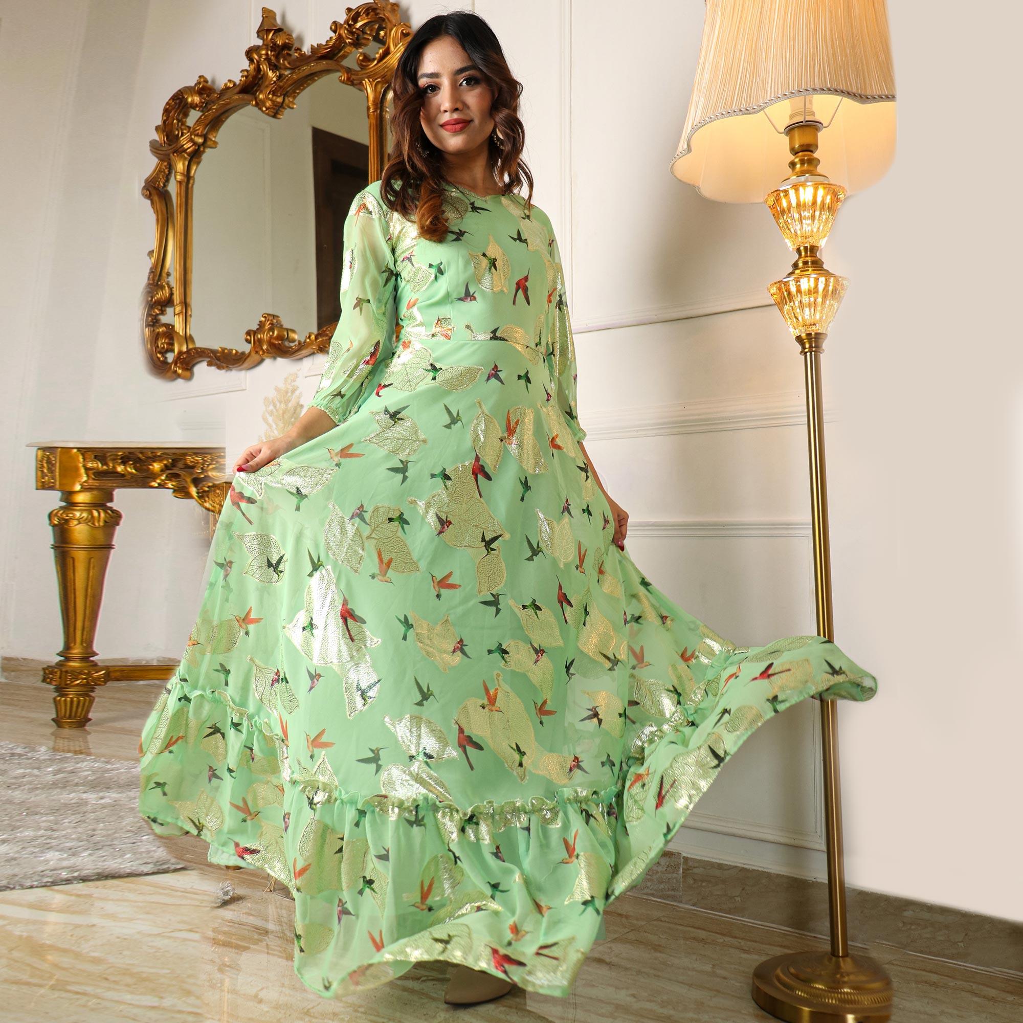 Green Digital Sparrow Printed Jacquard-Georgette Partywear Gown - Peachmode