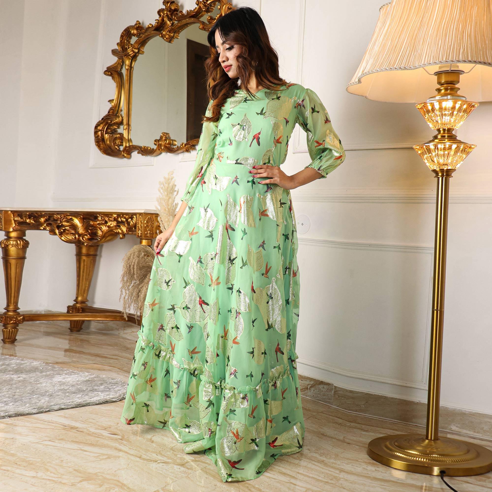 Green Digital Sparrow Printed Jacquard-Georgette Partywear Gown - Peachmode