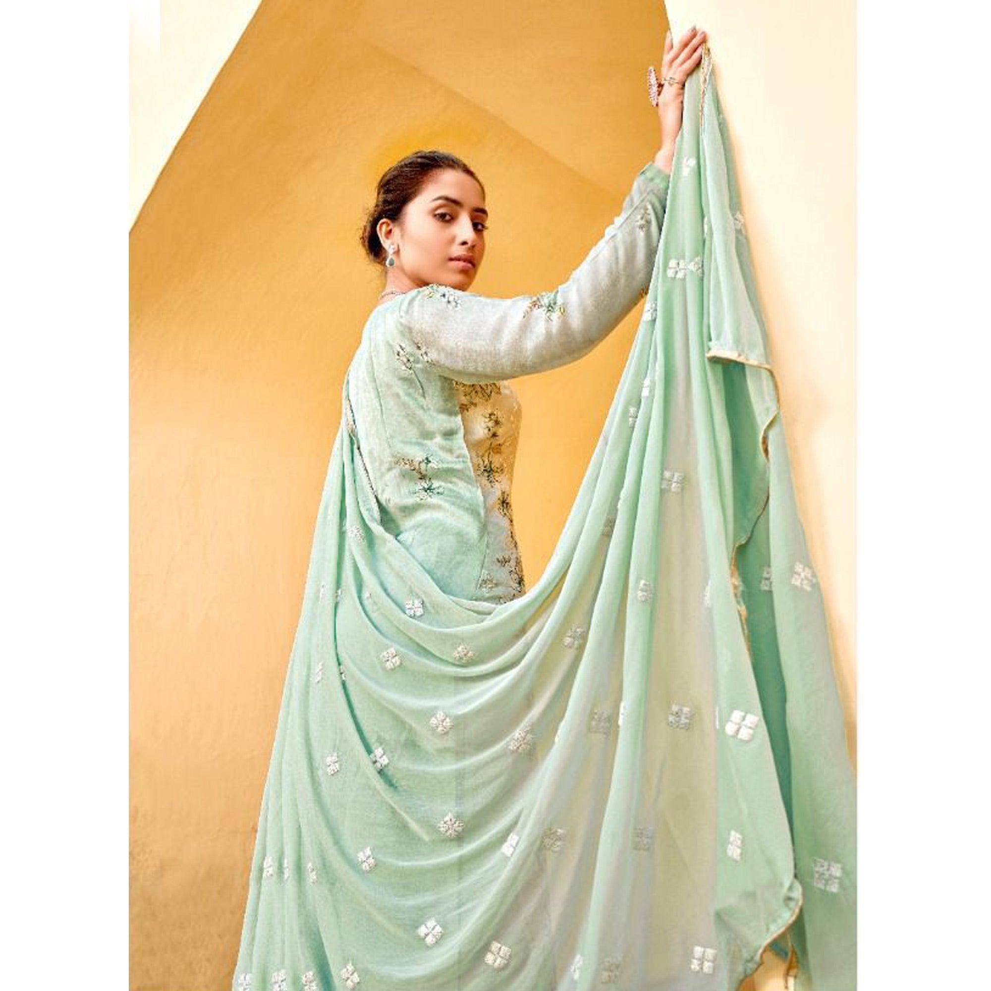 Green Embellished & Embroidered Chiffon Partywear Suit - Peachmode