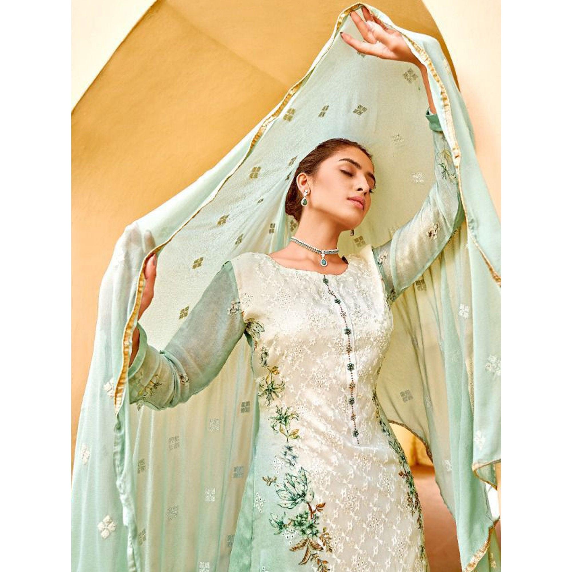 Green Embellished & Embroidered Chiffon Partywear Suit - Peachmode