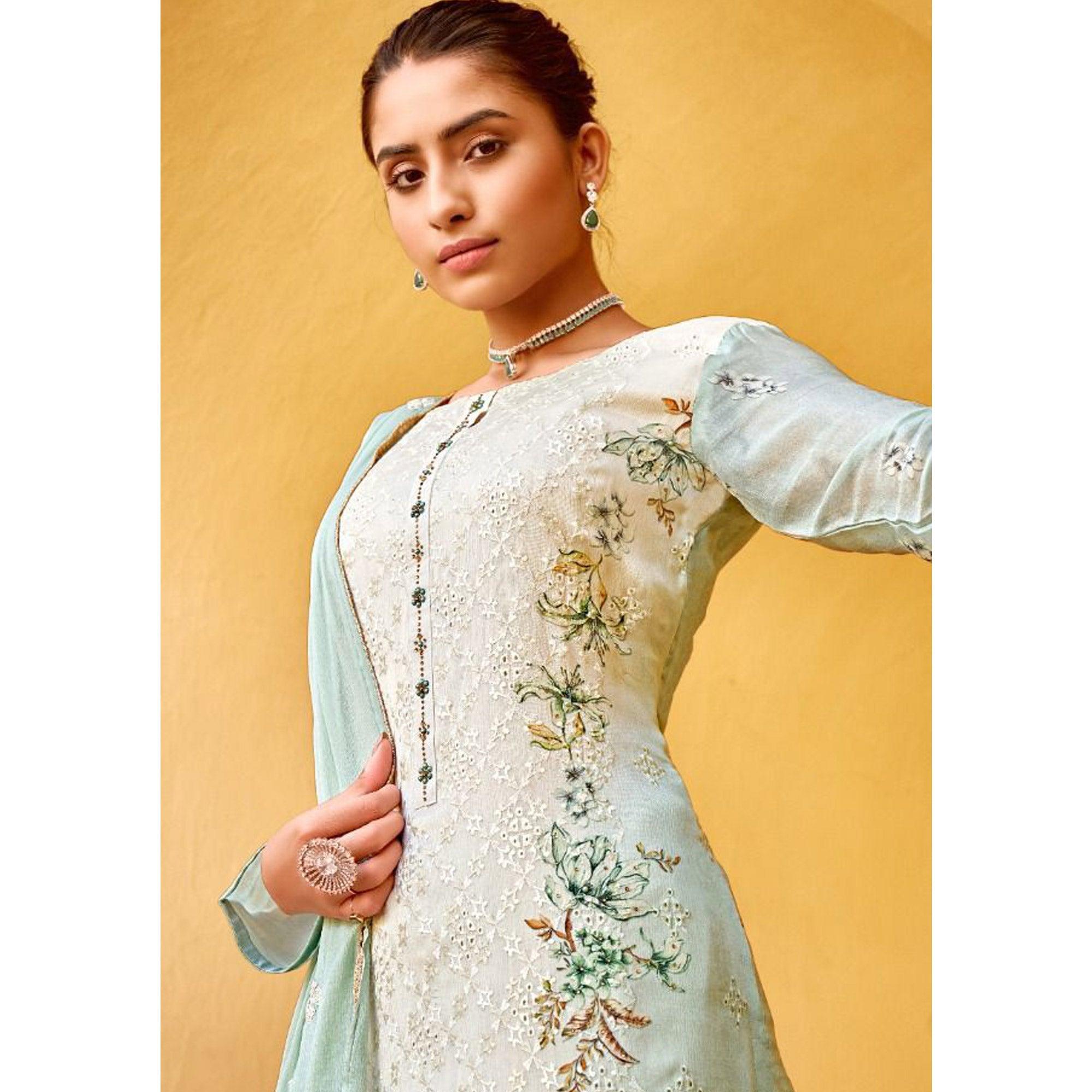 Green Embellished & Embroidered Chiffon Partywear Suit - Peachmode