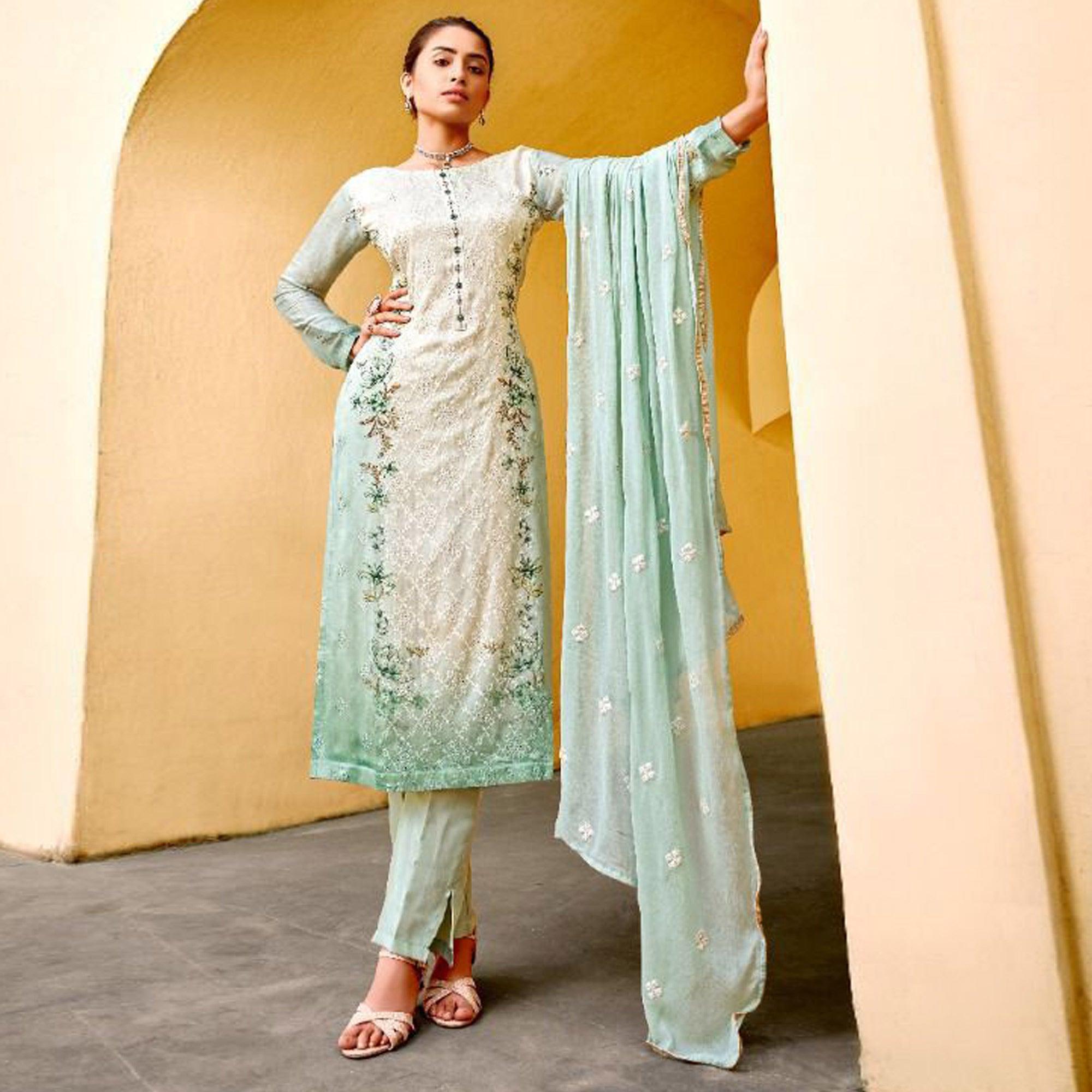 Green Embellished & Embroidered Chiffon Partywear Suit - Peachmode