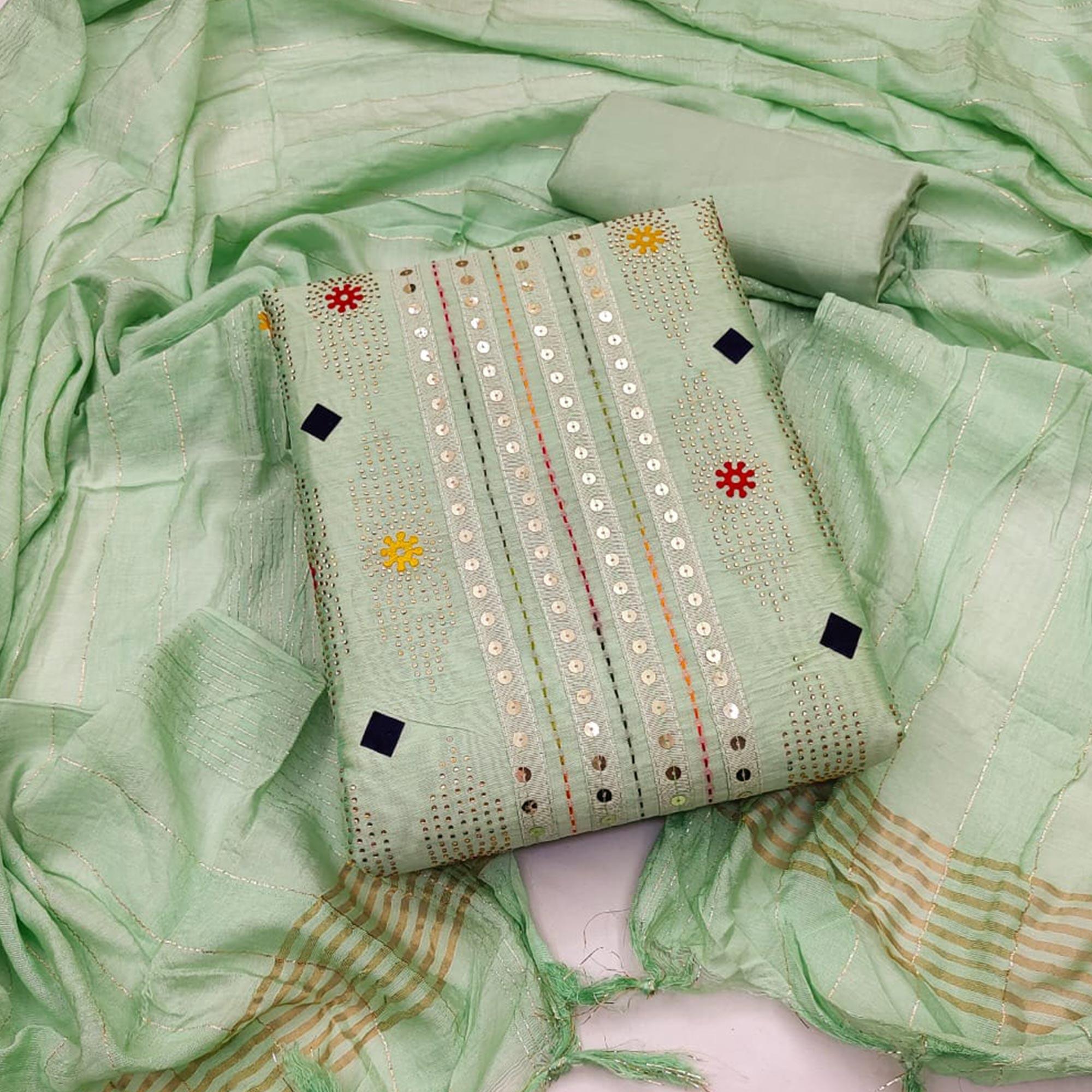Green Embellished Chanderi Dress Material - Peachmode