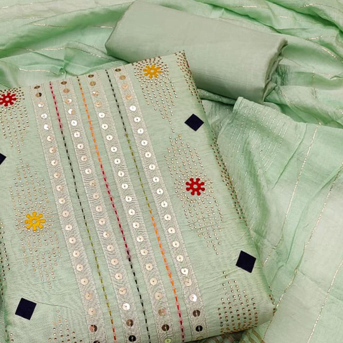 Green Embellished Chanderi Dress Material - Peachmode