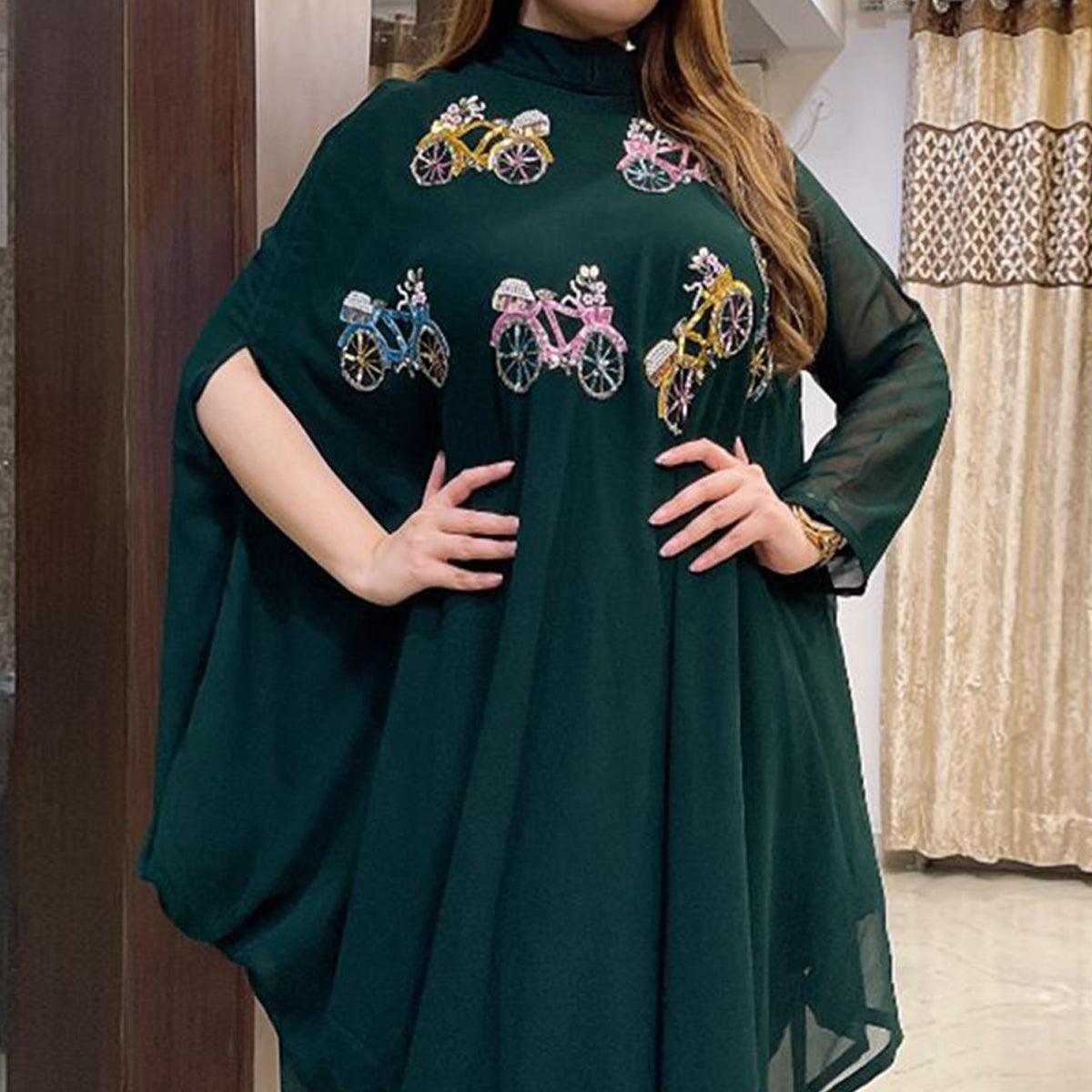 Green Embellished Georgette Dress - Peachmode