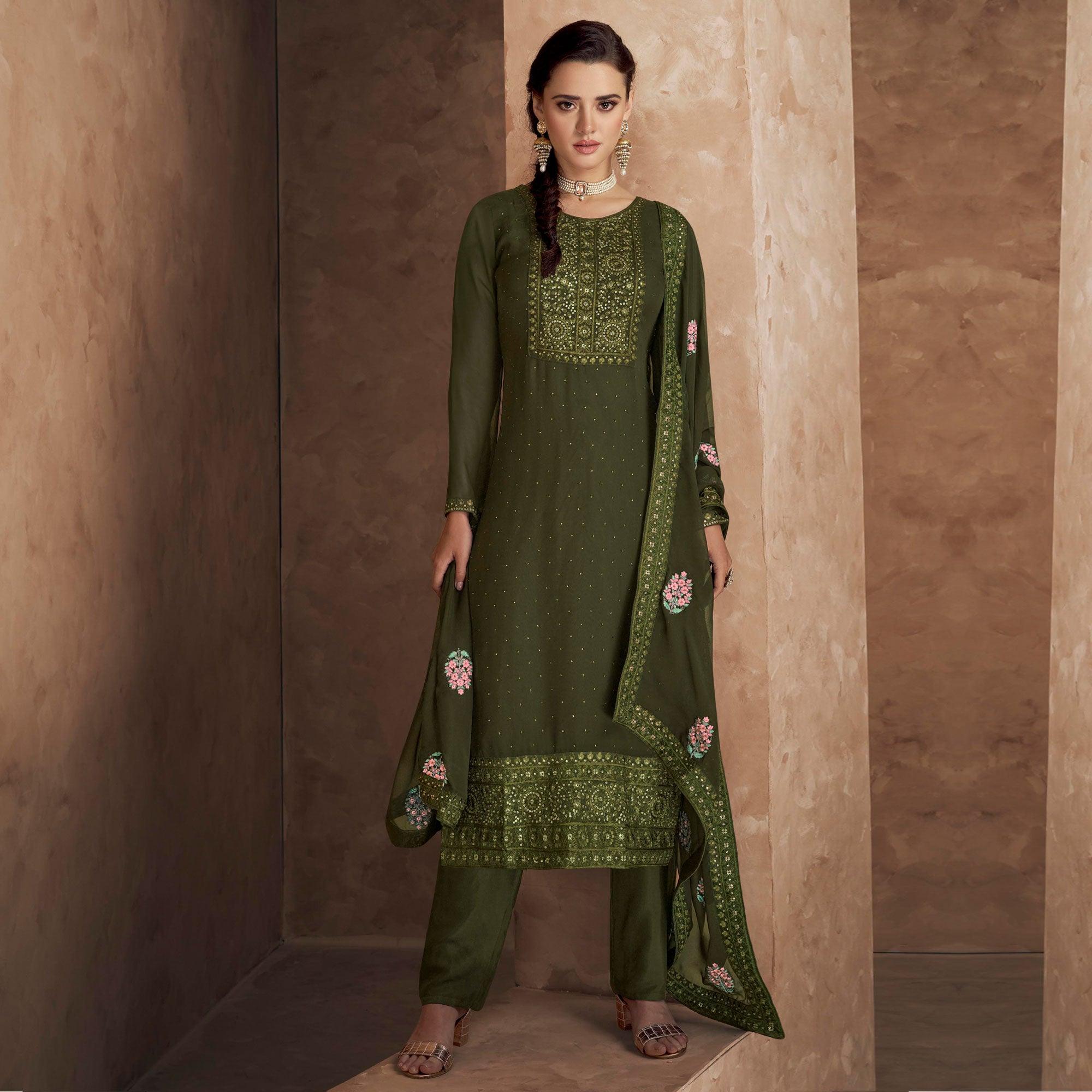 Green Embellished Partywear Embroidered Heavy Faux Georgette Suit - Peachmode