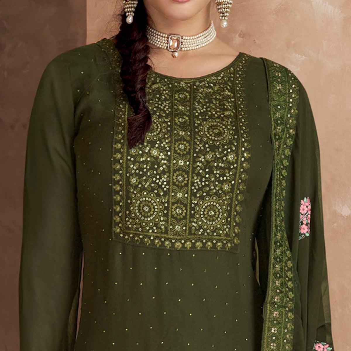 Green Embellished Partywear Embroidered Heavy Faux Georgette Suit - Peachmode