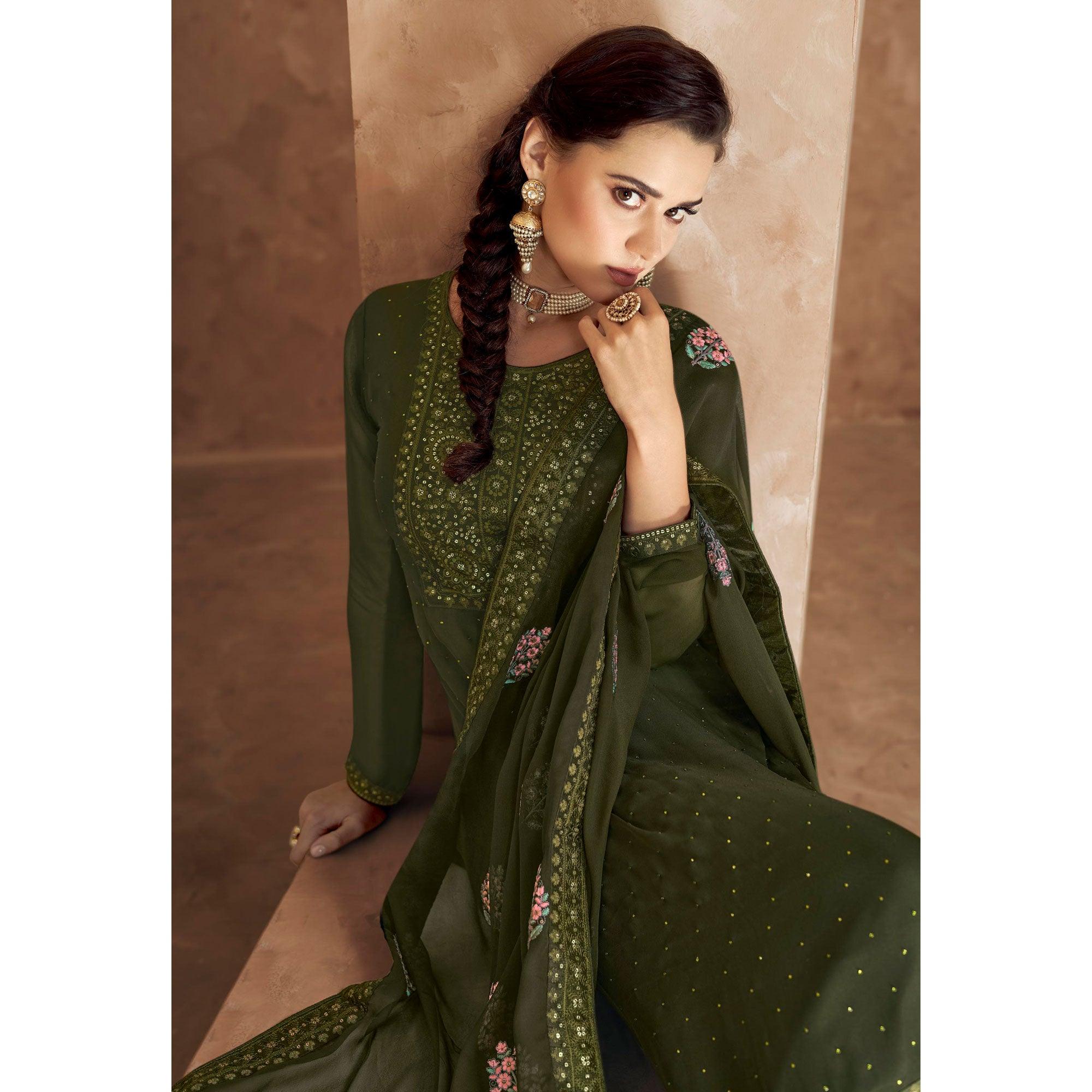 Green Embellished Partywear Embroidered Heavy Faux Georgette Suit - Peachmode