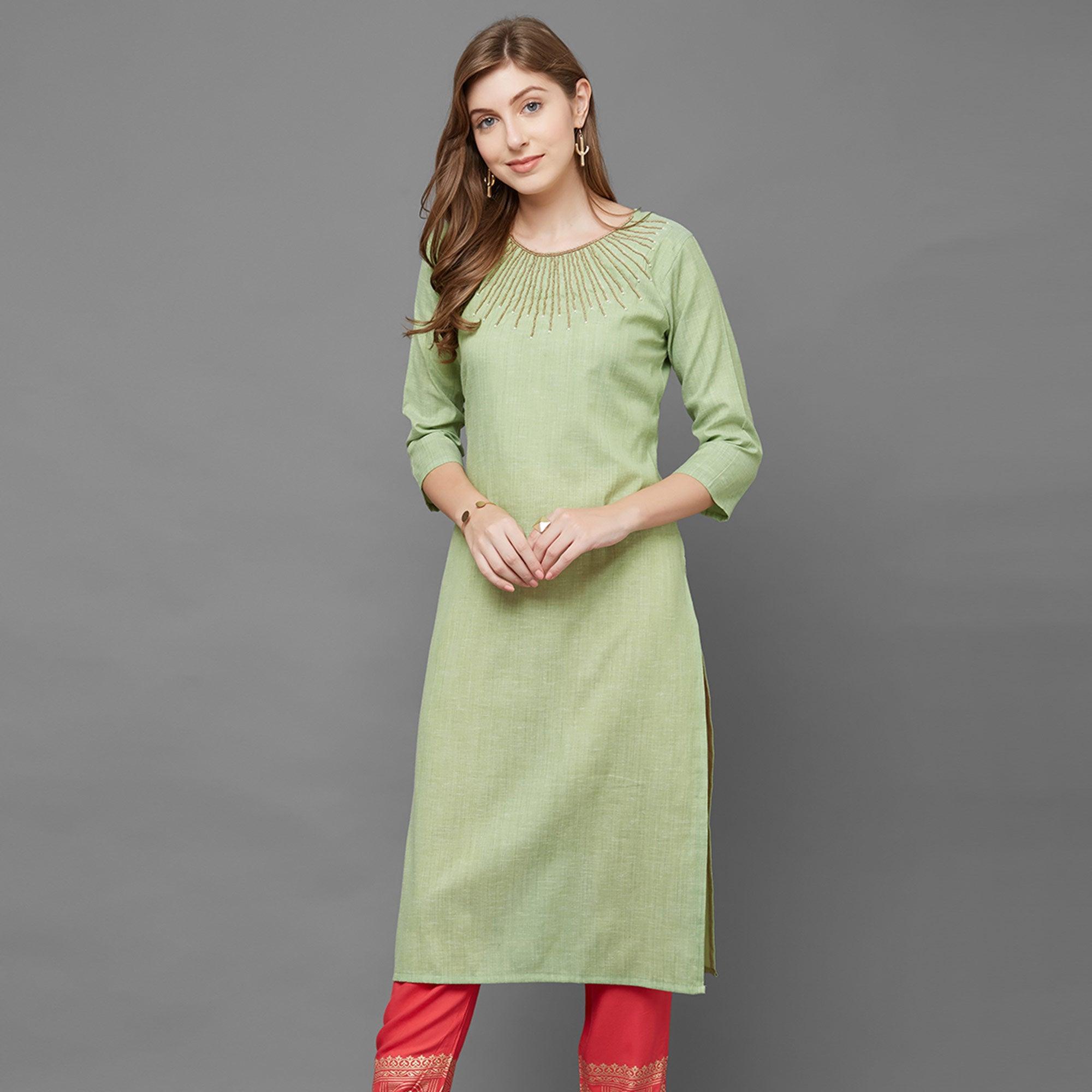 Green Embellished Poly Cotton Kurti - Peachmode