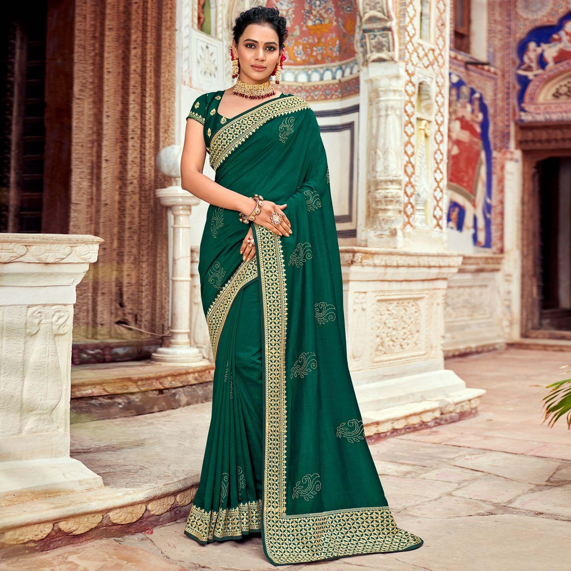 Green Embellished Vichitra Silk Saree - Peachmode