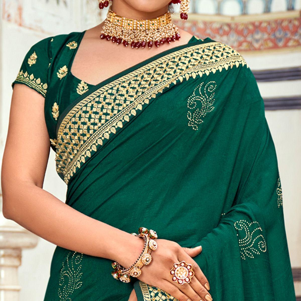 Green Embellished Vichitra Silk Saree - Peachmode