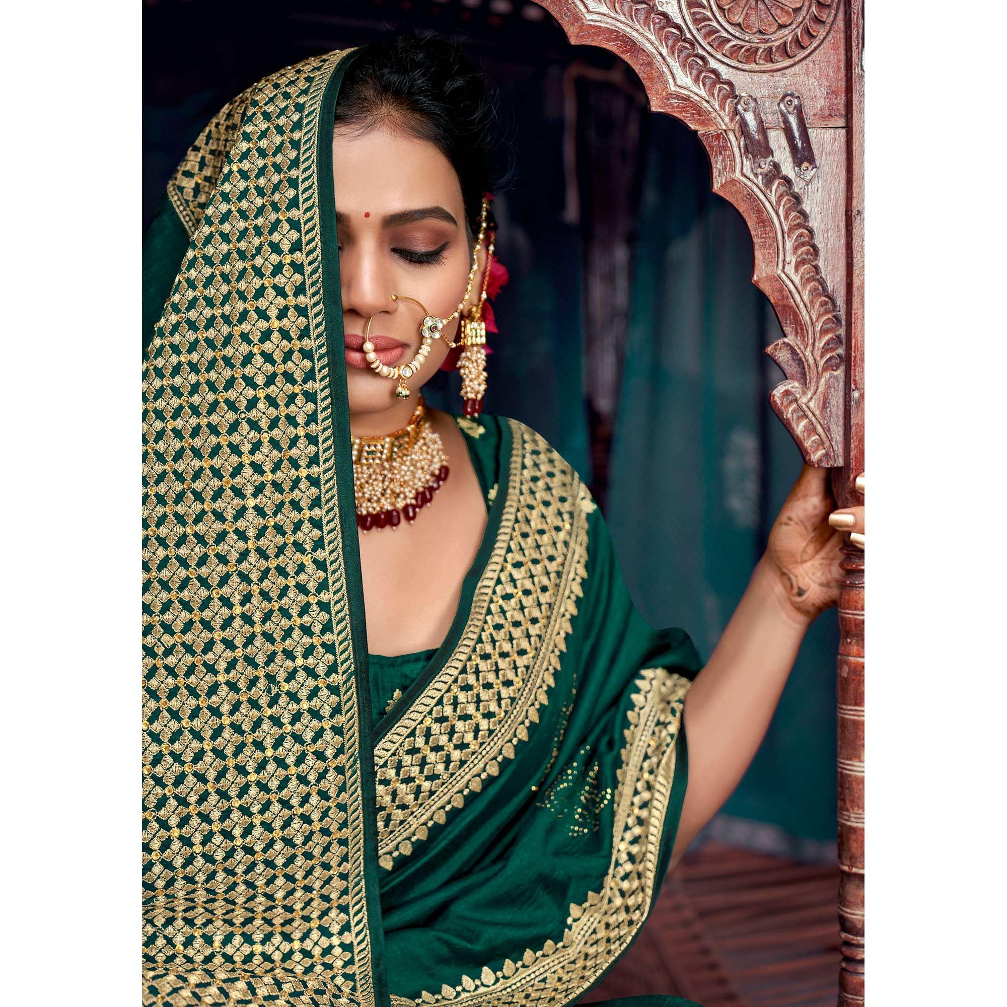 Green Embellished Vichitra Silk Saree - Peachmode