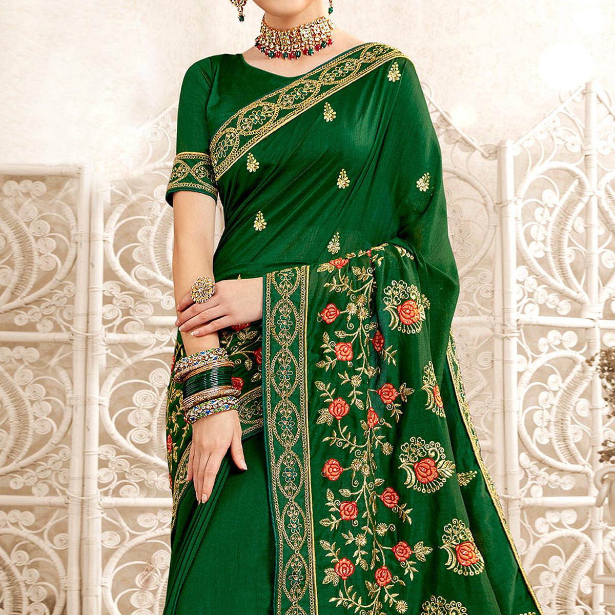 Green Embellished With Embroidered Art Silk Saree - Peachmode