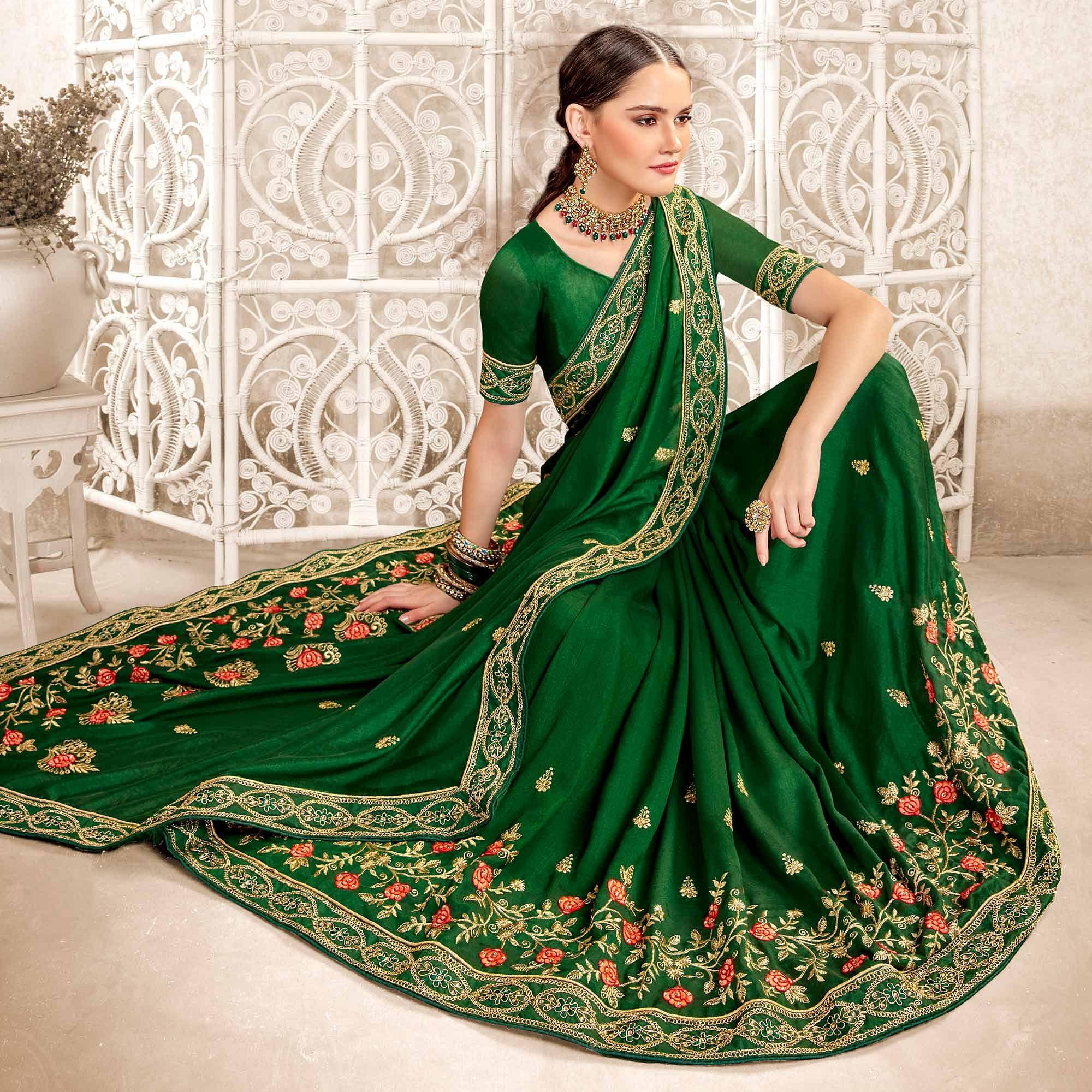 Green Embellished With Embroidered Art Silk Saree - Peachmode