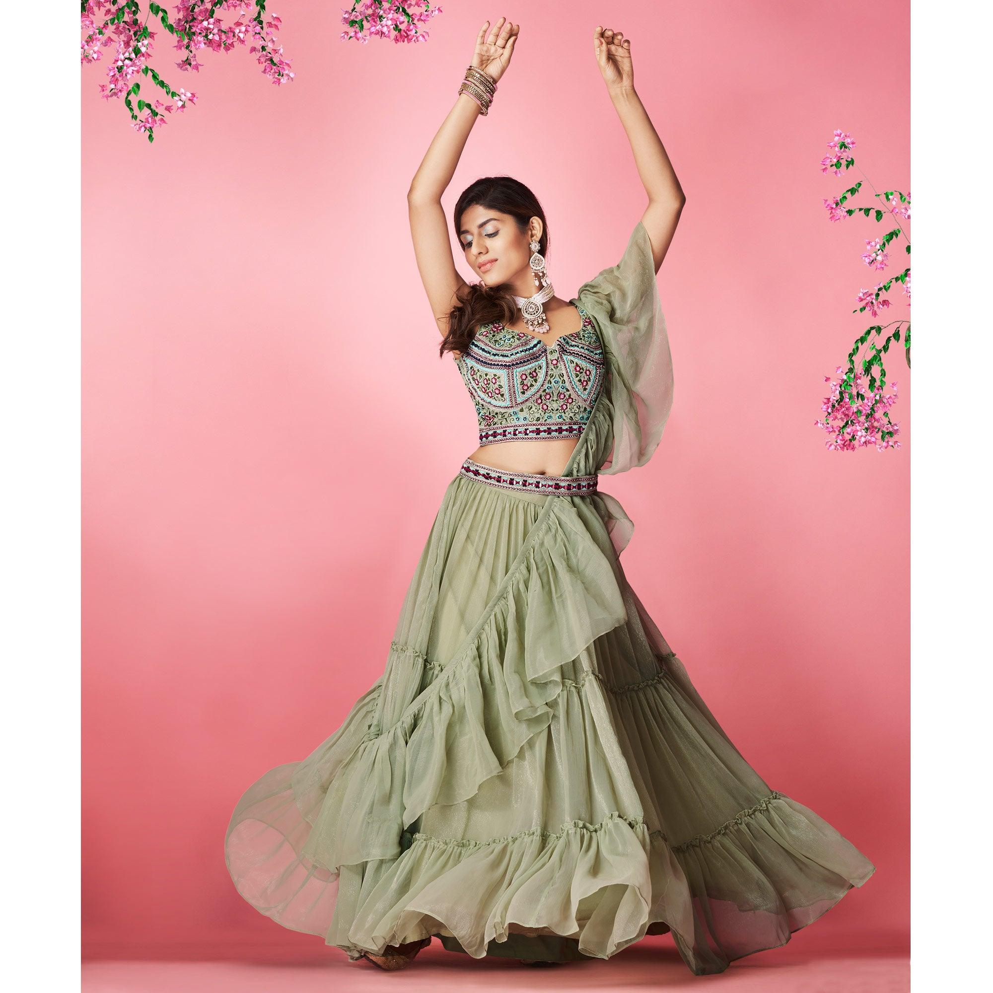 Green Embellished With Embroidered Chiffon Lehenga Choli - Peachmode