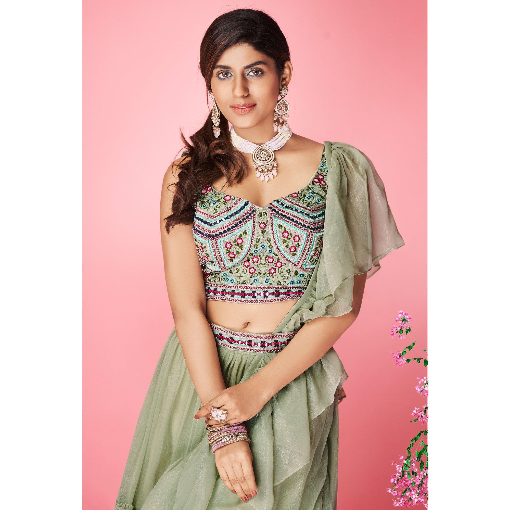 Green Embellished With Embroidered Chiffon Lehenga Choli - Peachmode