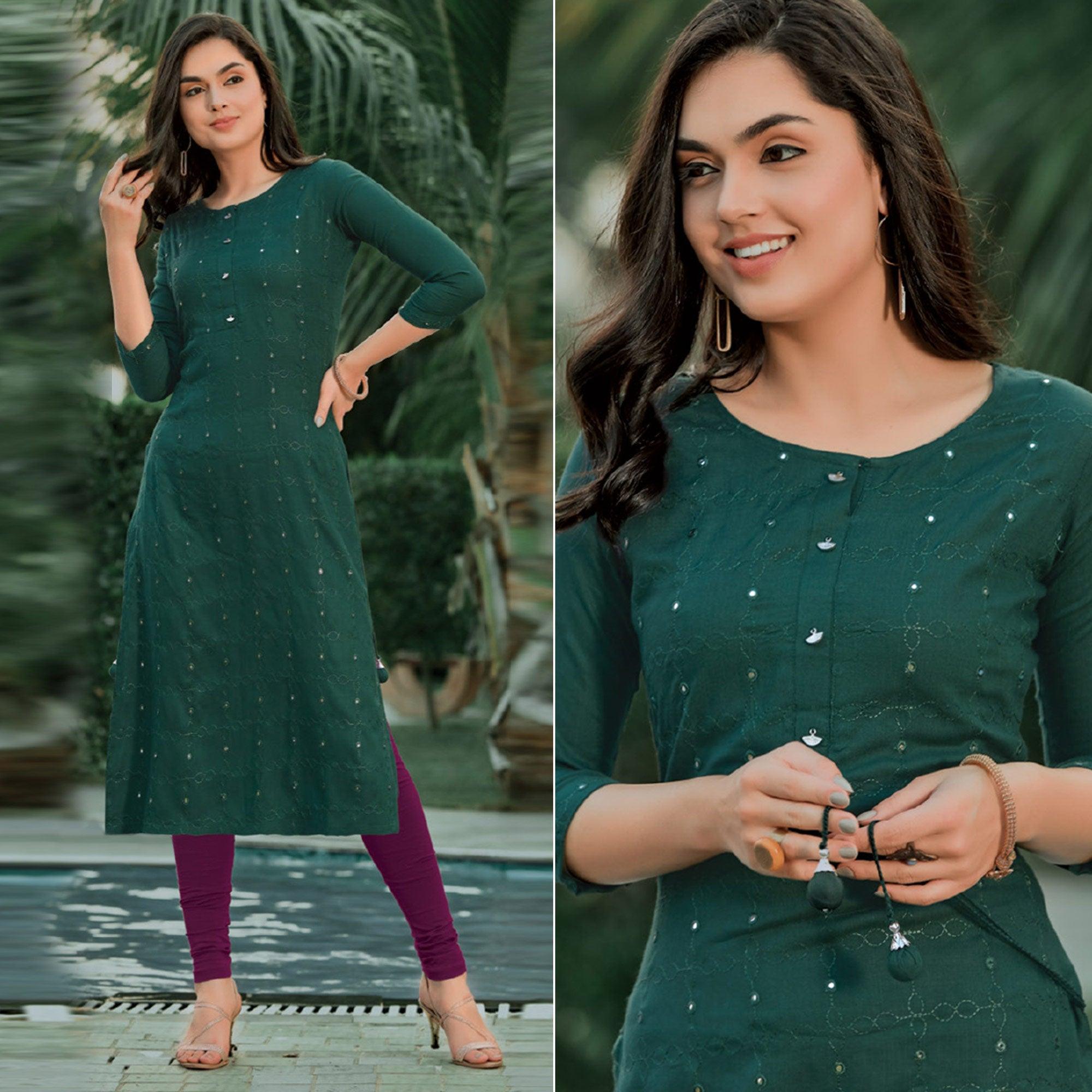 Green Embellished With Embroidered Cotton Kurti - Peachmode