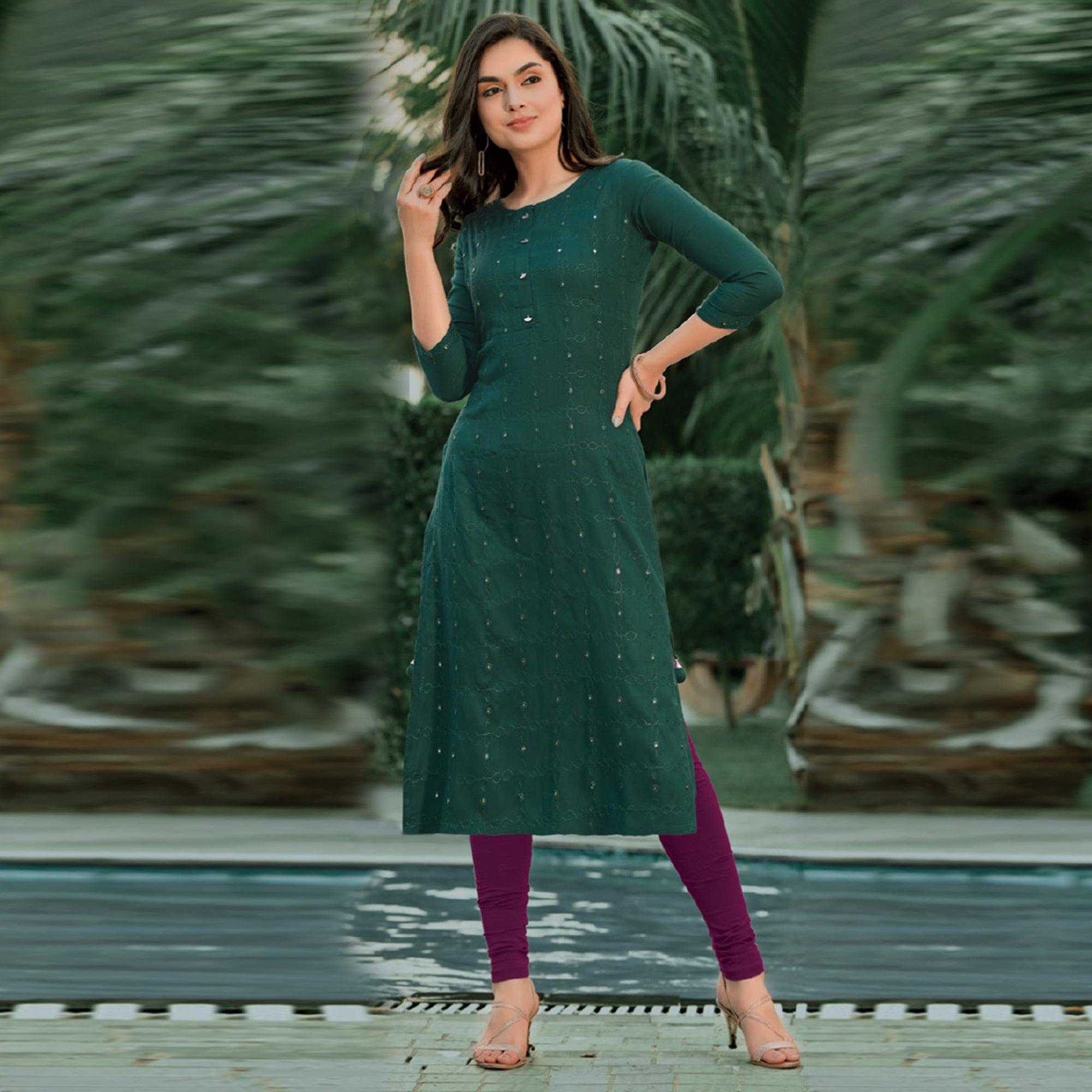 Green Embellished With Embroidered Cotton Kurti - Peachmode