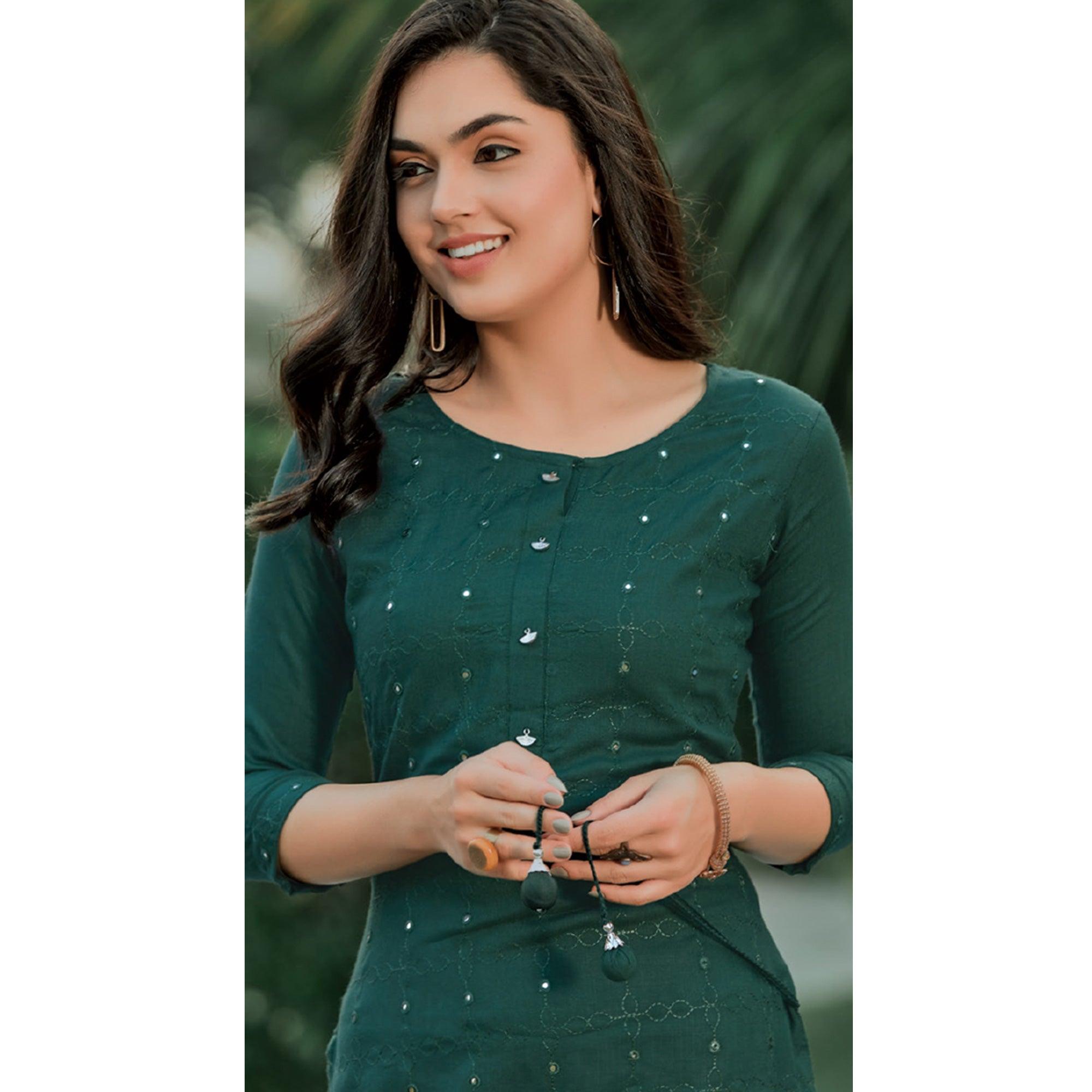 Green Embellished With Embroidered Cotton Kurti - Peachmode