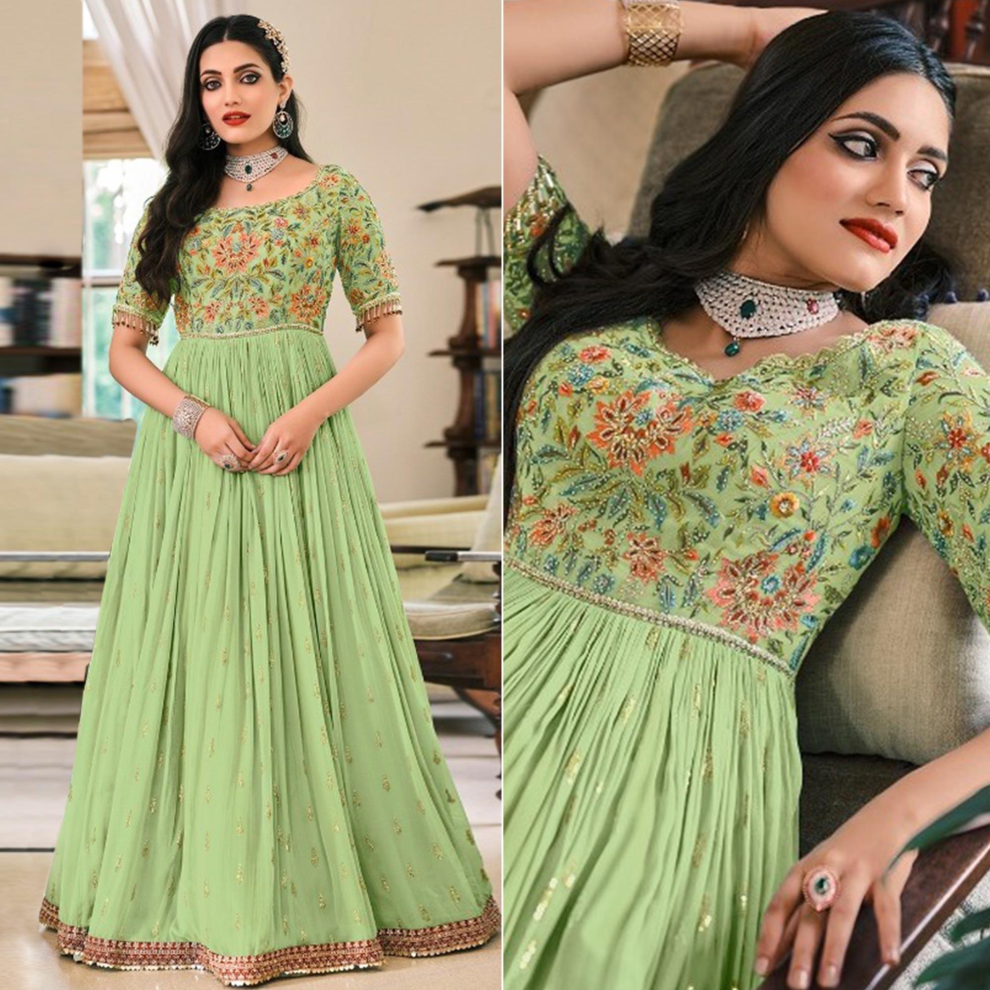 Green Embellished With Embroidered Georgette Gown - Peachmode