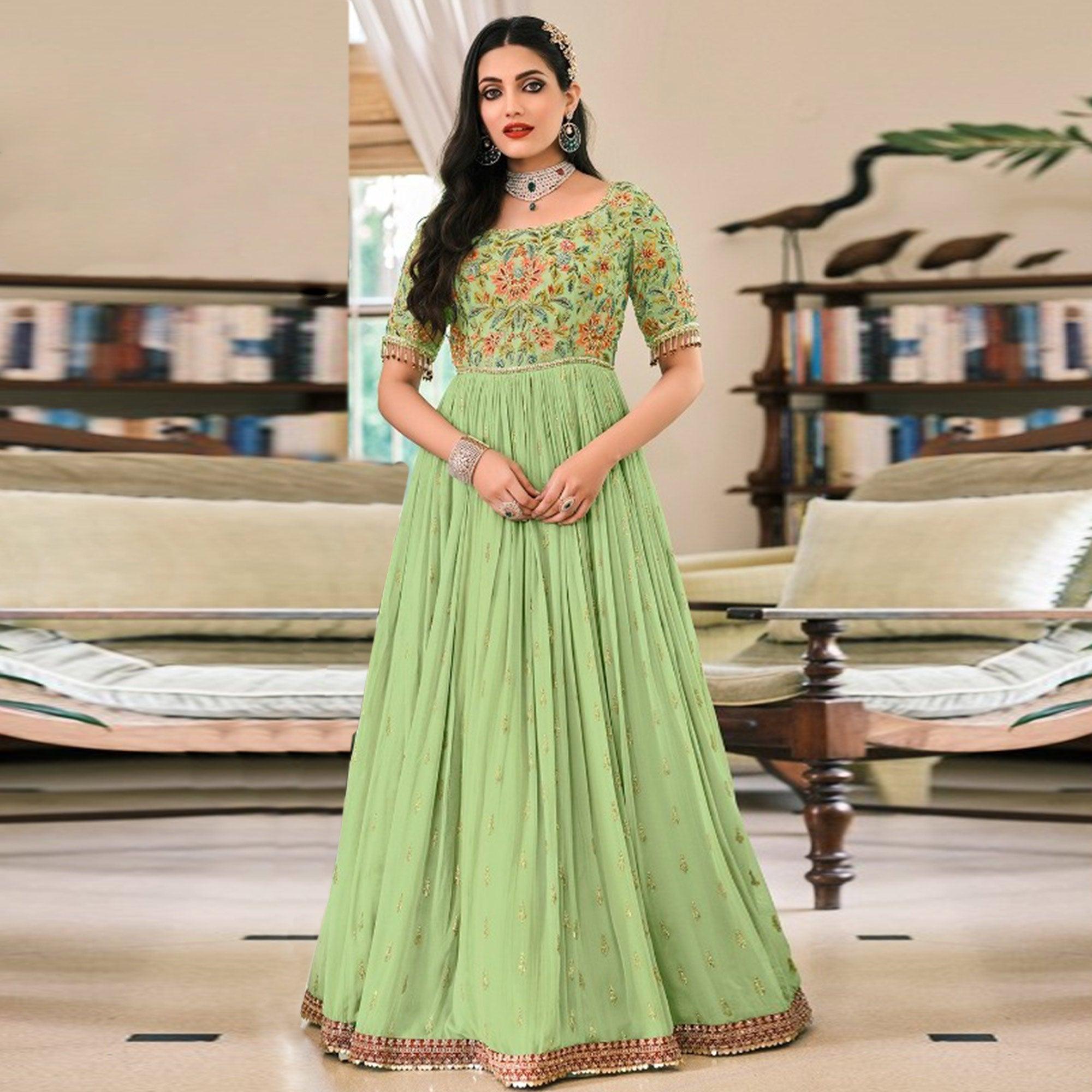 Green Embellished With Embroidered Georgette Gown - Peachmode