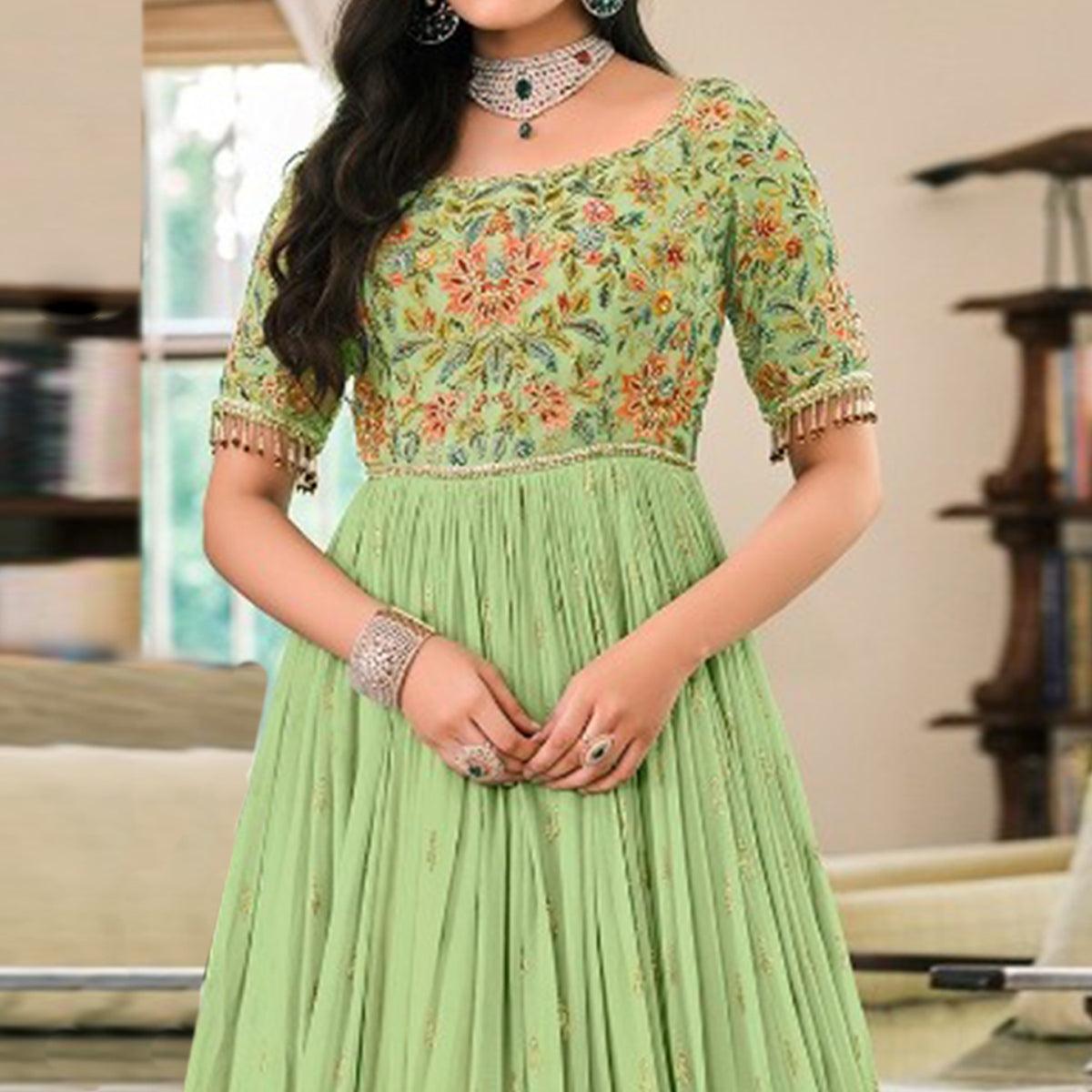 Green Embellished With Embroidered Georgette Gown - Peachmode