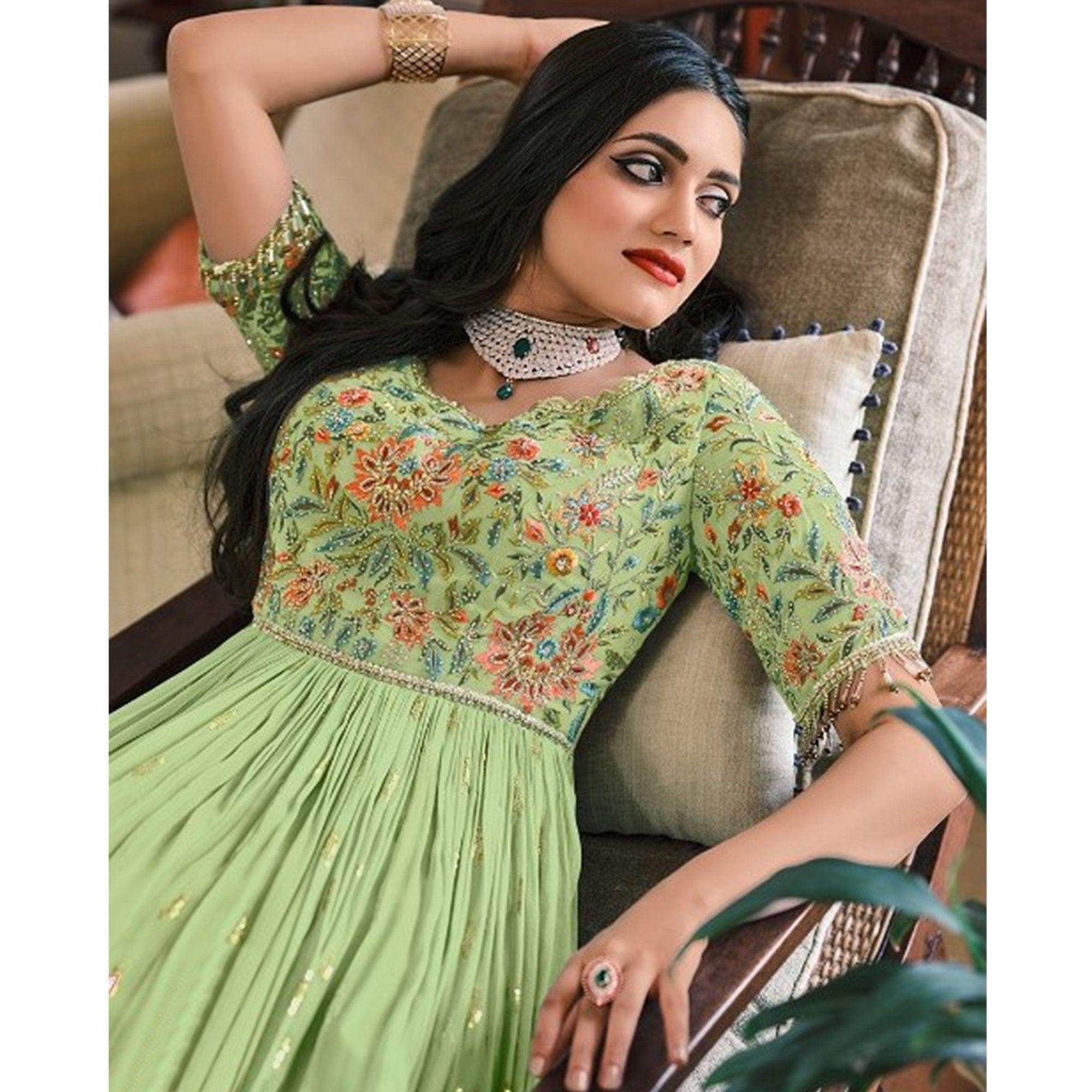 Green Embellished With Embroidered Georgette Gown - Peachmode