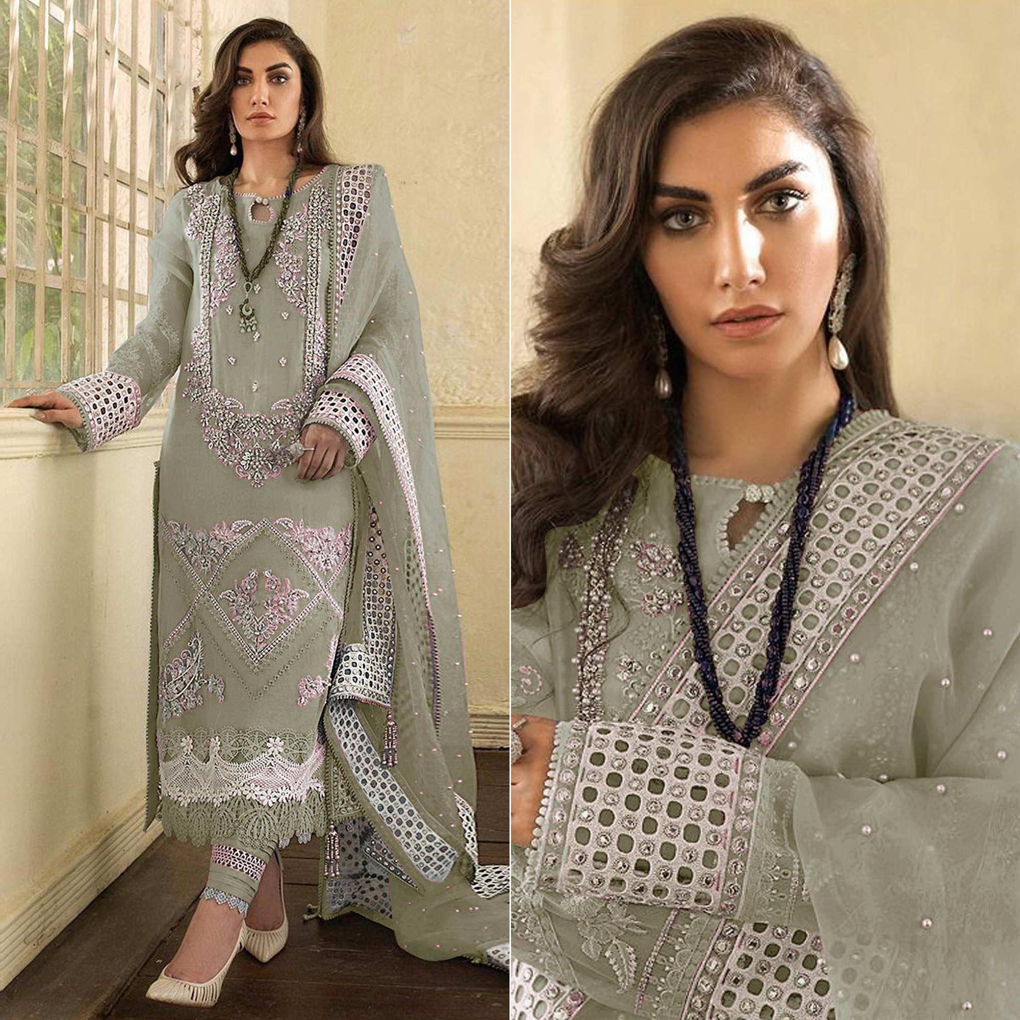 Green Embellished With Embroidered Georgette Pakistani Suit - Peachmode