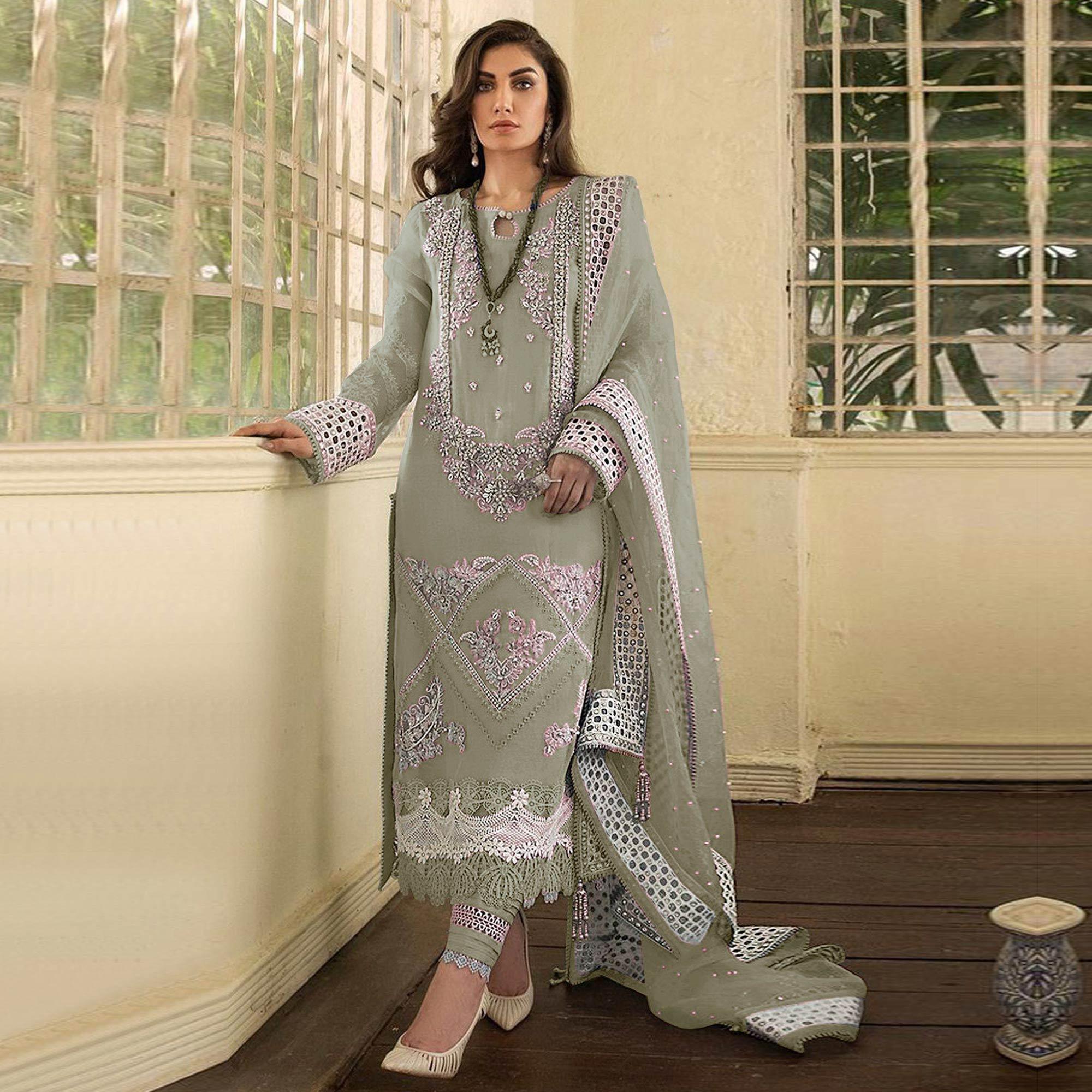 Green Embellished With Embroidered Georgette Pakistani Suit - Peachmode