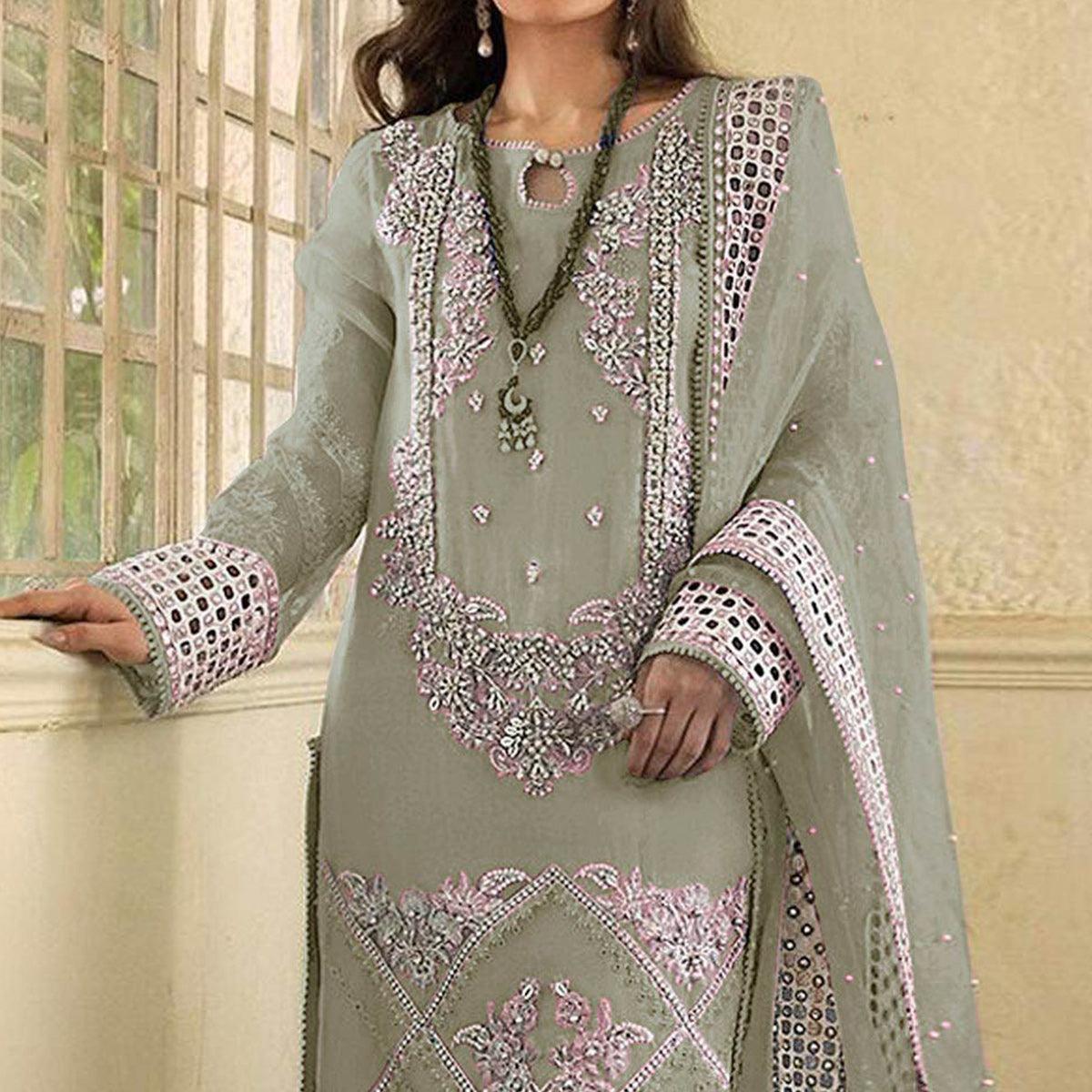 Green Embellished With Embroidered Georgette Pakistani Suit - Peachmode