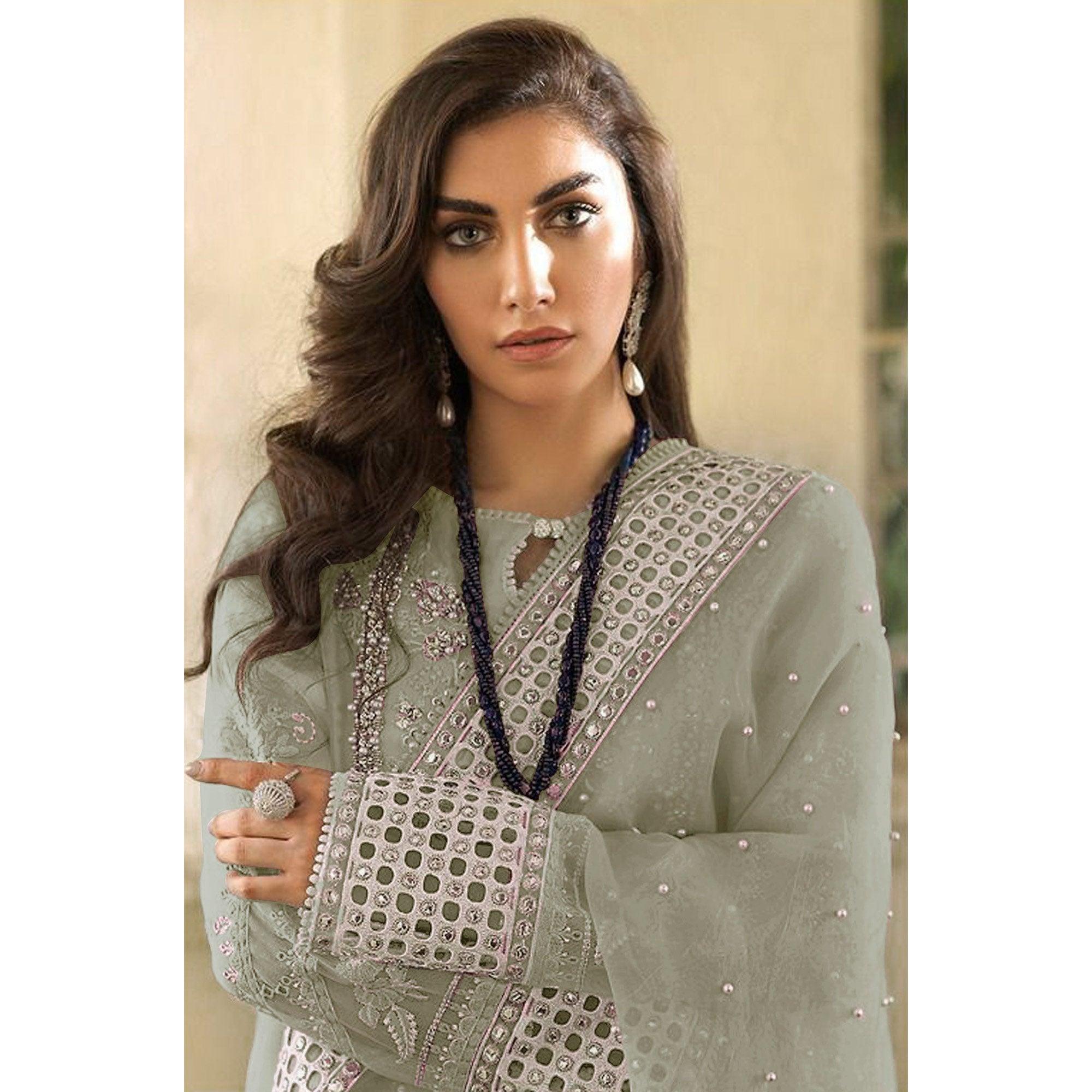 Green Embellished With Embroidered Georgette Pakistani Suit - Peachmode