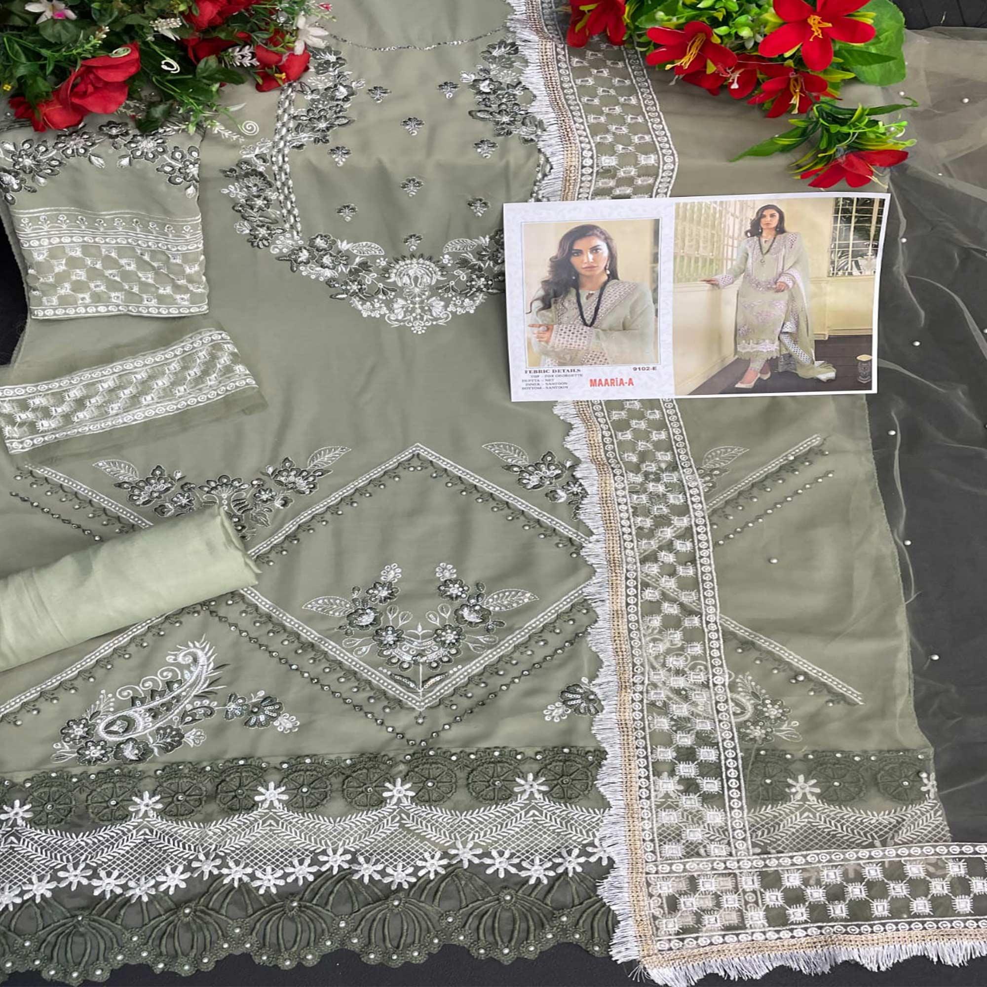 Green Embellished With Embroidered Georgette Pakistani Suit - Peachmode