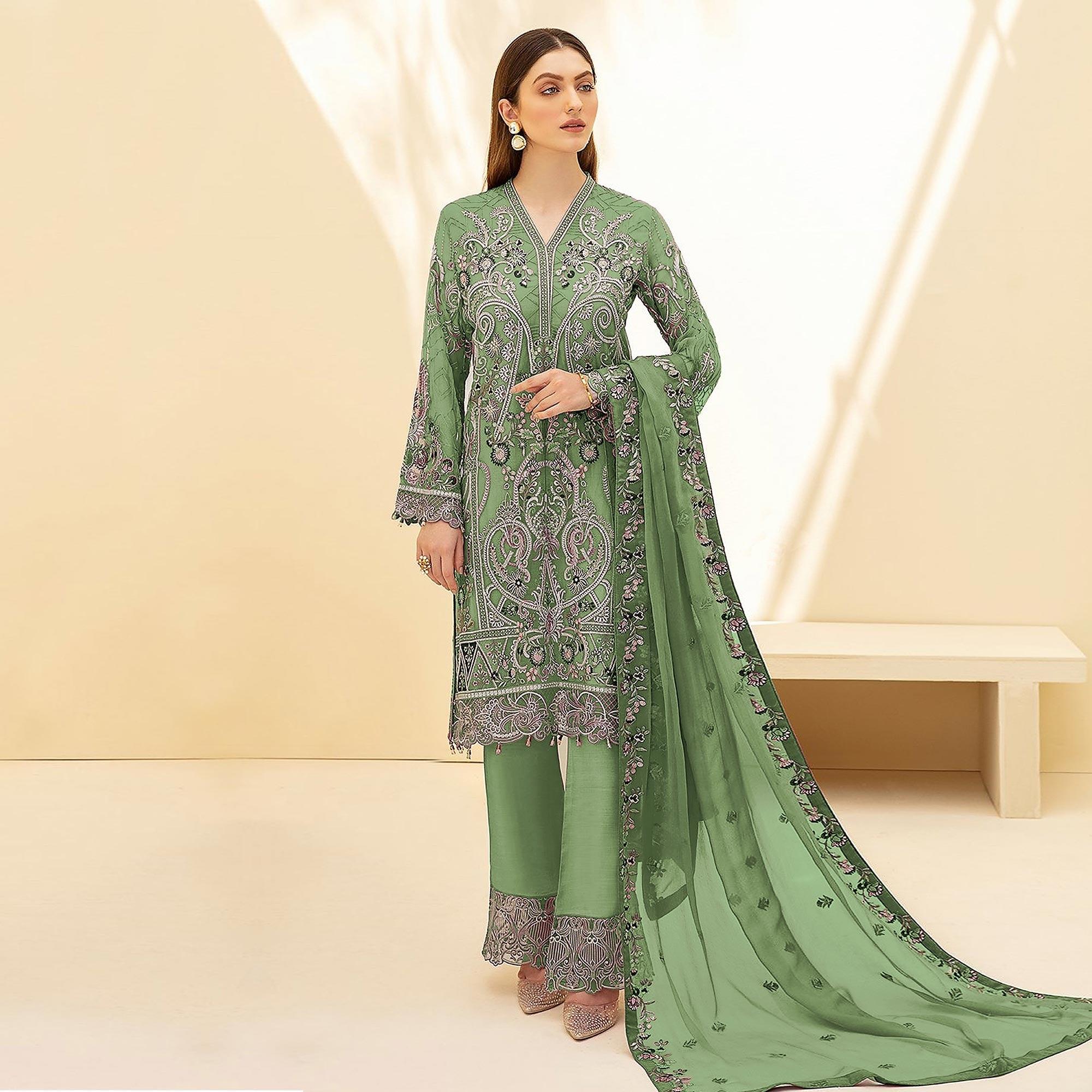 Green Embellished With Embroidered Georgette Palazzo Suit - Peachmode