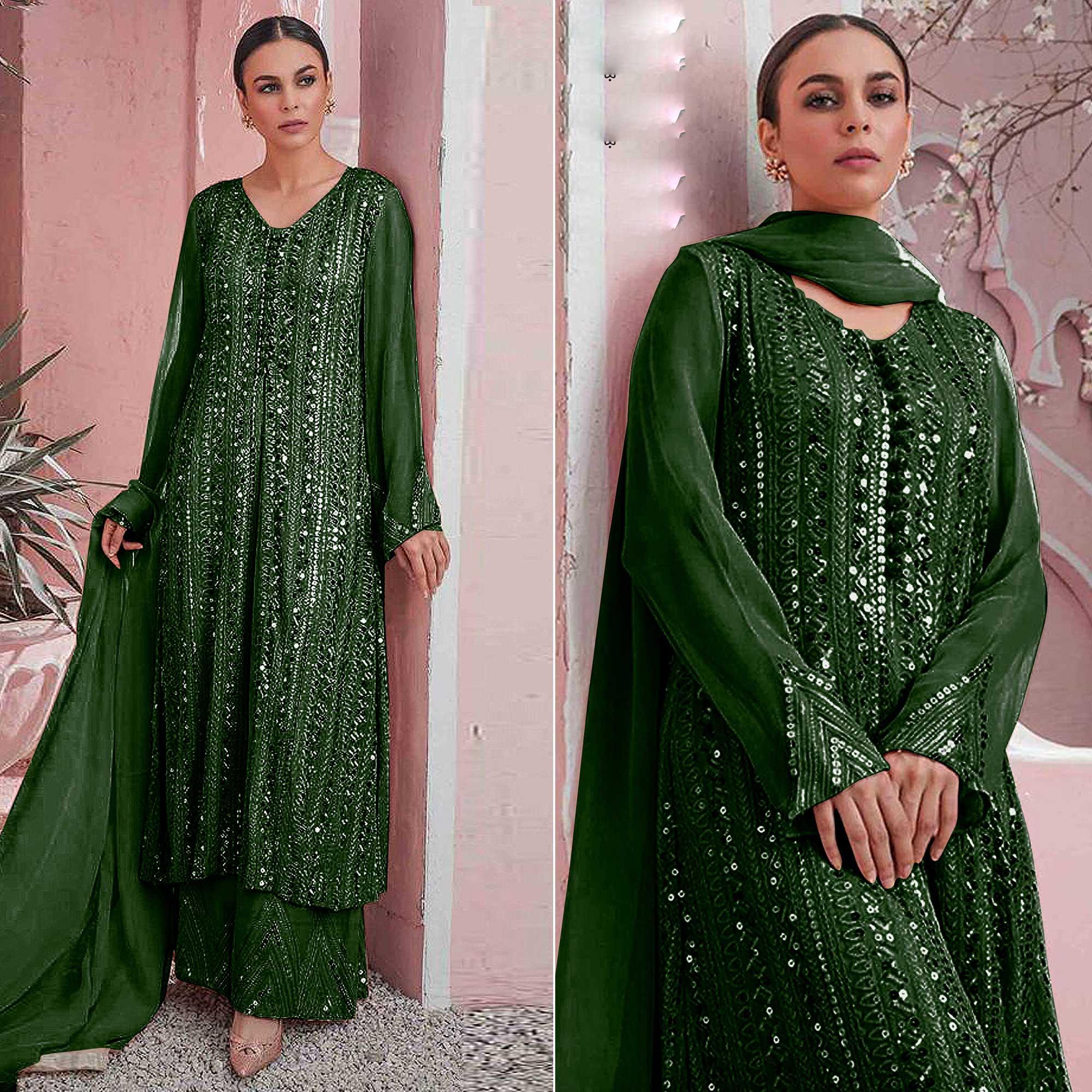 Green Embellished With Embroidered Georgette Palazzo Suit - Peachmode