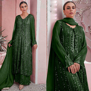 Green Embellished With Embroidered Georgette Palazzo Suit - Peachmode