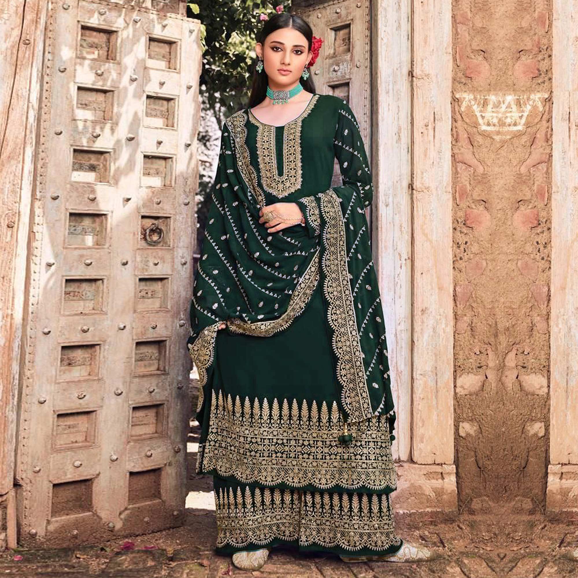 Green Embellished With Embroidered Georgette Palazzo Suit - Peachmode