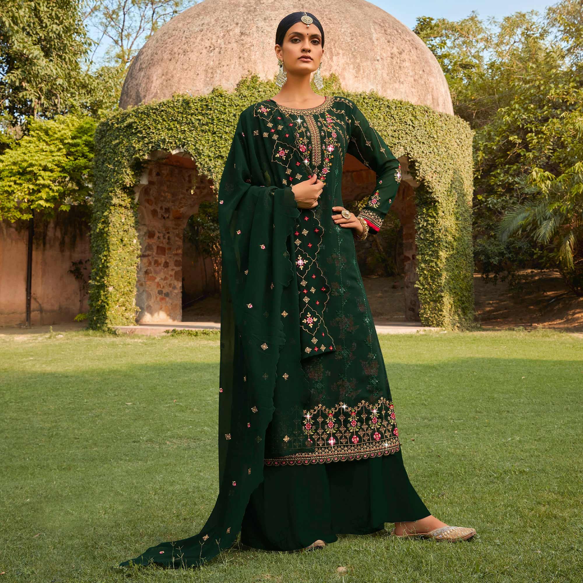 Green Embellished With Embroidered Georgette Palazzo Suit - Peachmode