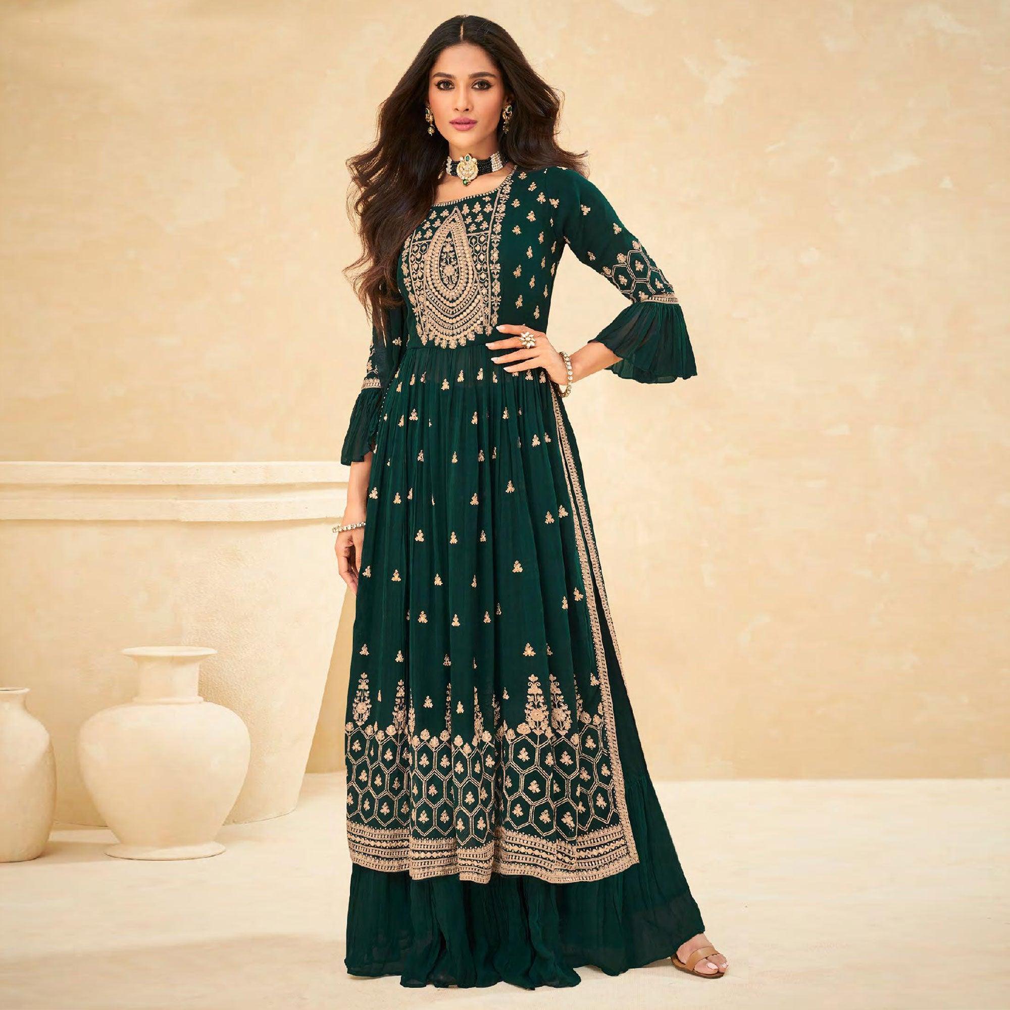 Green Embellished With Embroidered Georgette Palazzo Suit - Peachmode