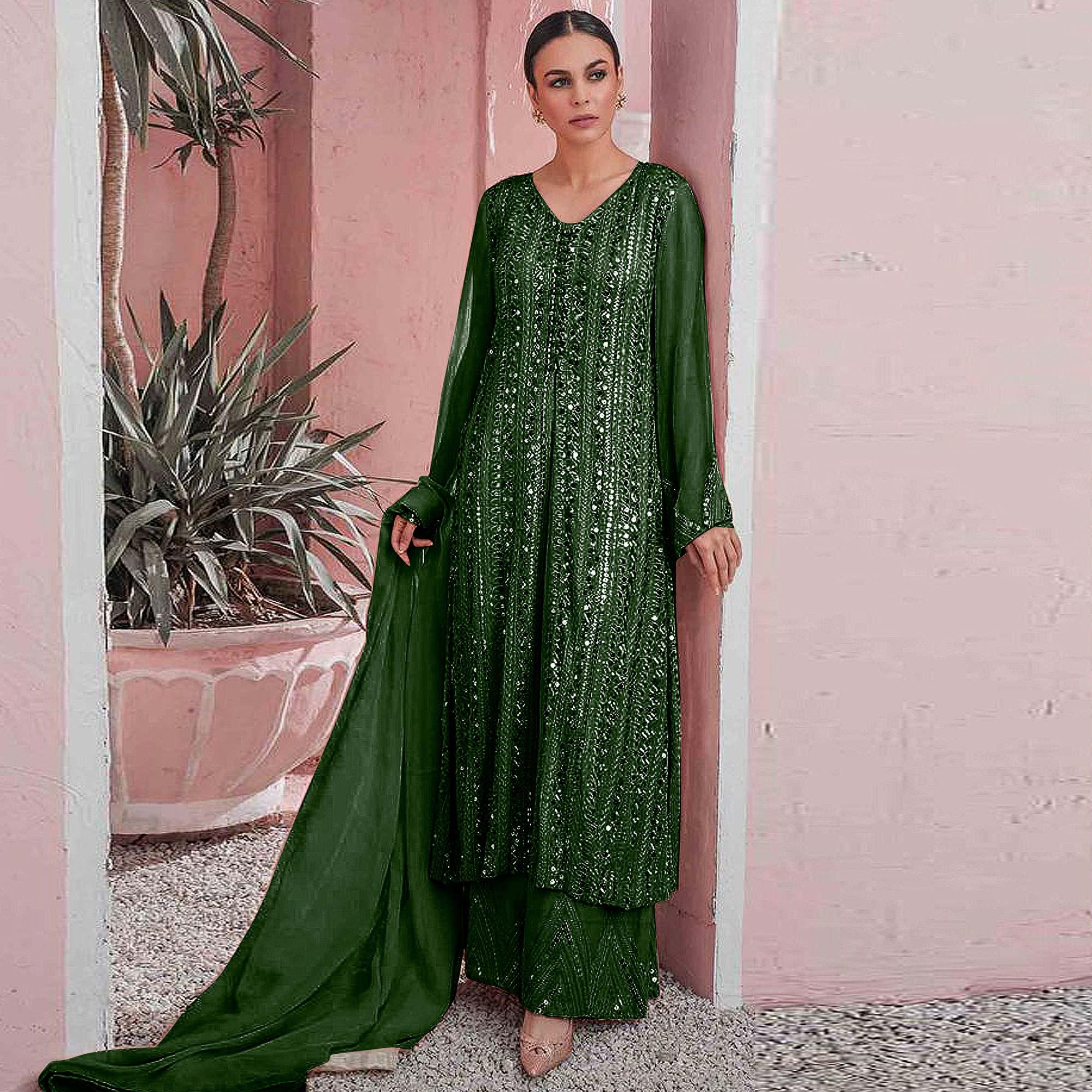 Green Embellished With Embroidered Georgette Palazzo Suit - Peachmode
