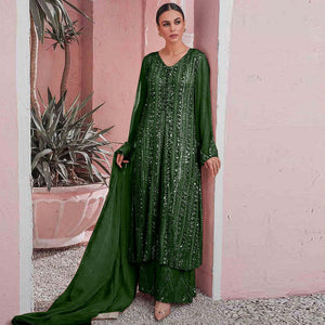 Green Embellished With Embroidered Georgette Palazzo Suit - Peachmode