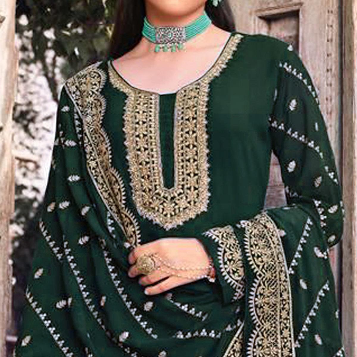 Green Embellished With Embroidered Georgette Palazzo Suit - Peachmode